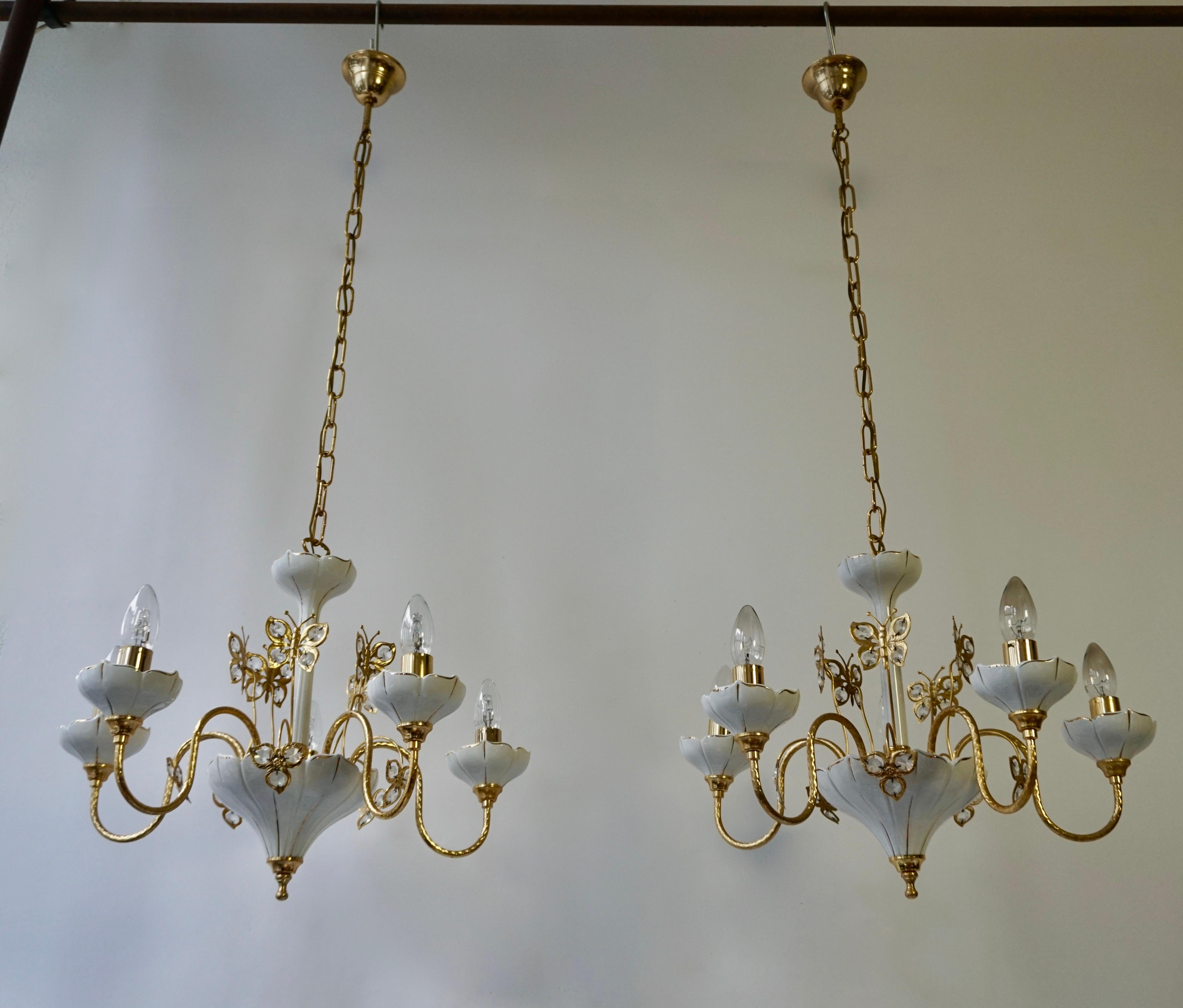 Hollywood Regency Two Porcelain and Brass Butterfly Chandeliers For Sale