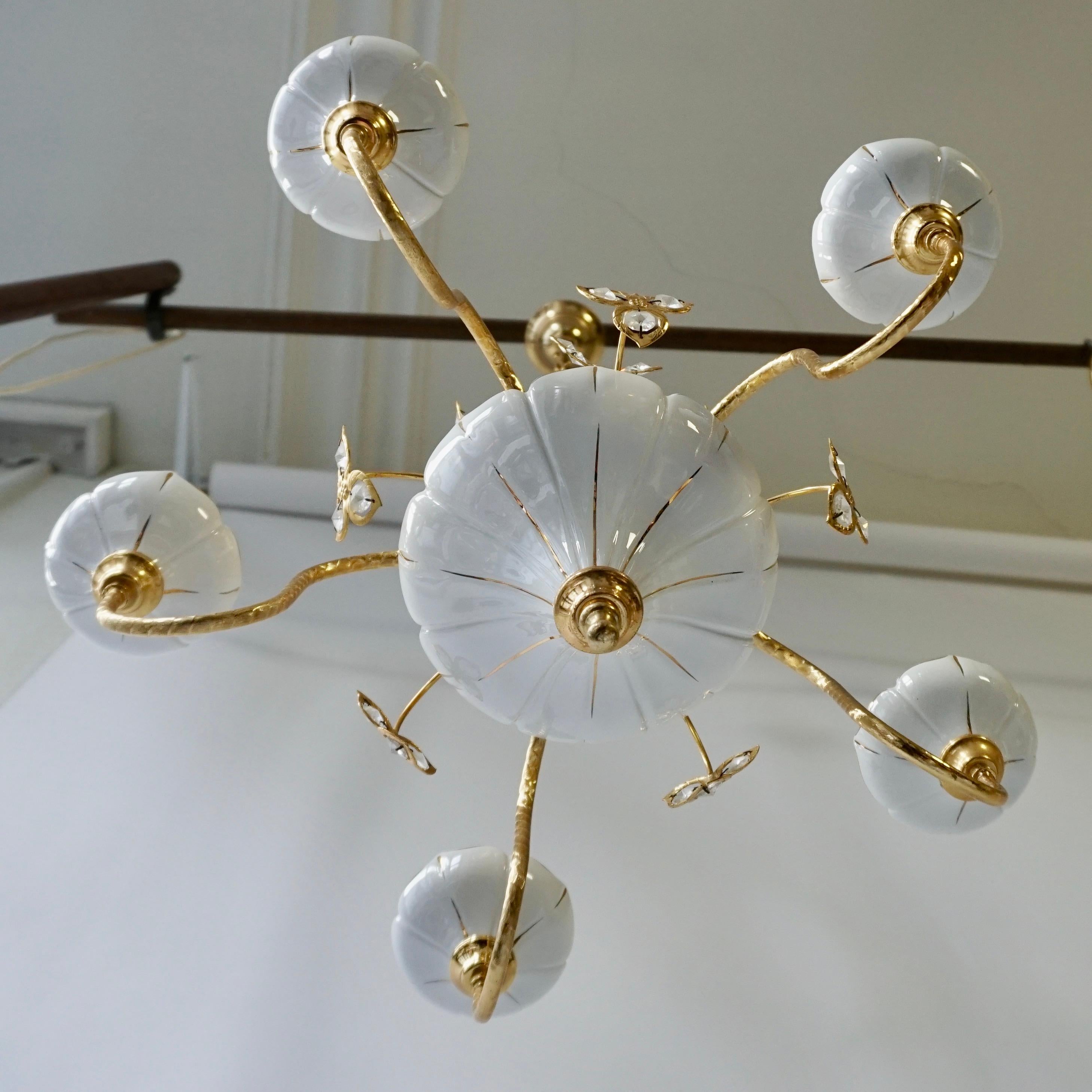 Italian Two Porcelain and Brass Butterfly Chandeliers For Sale