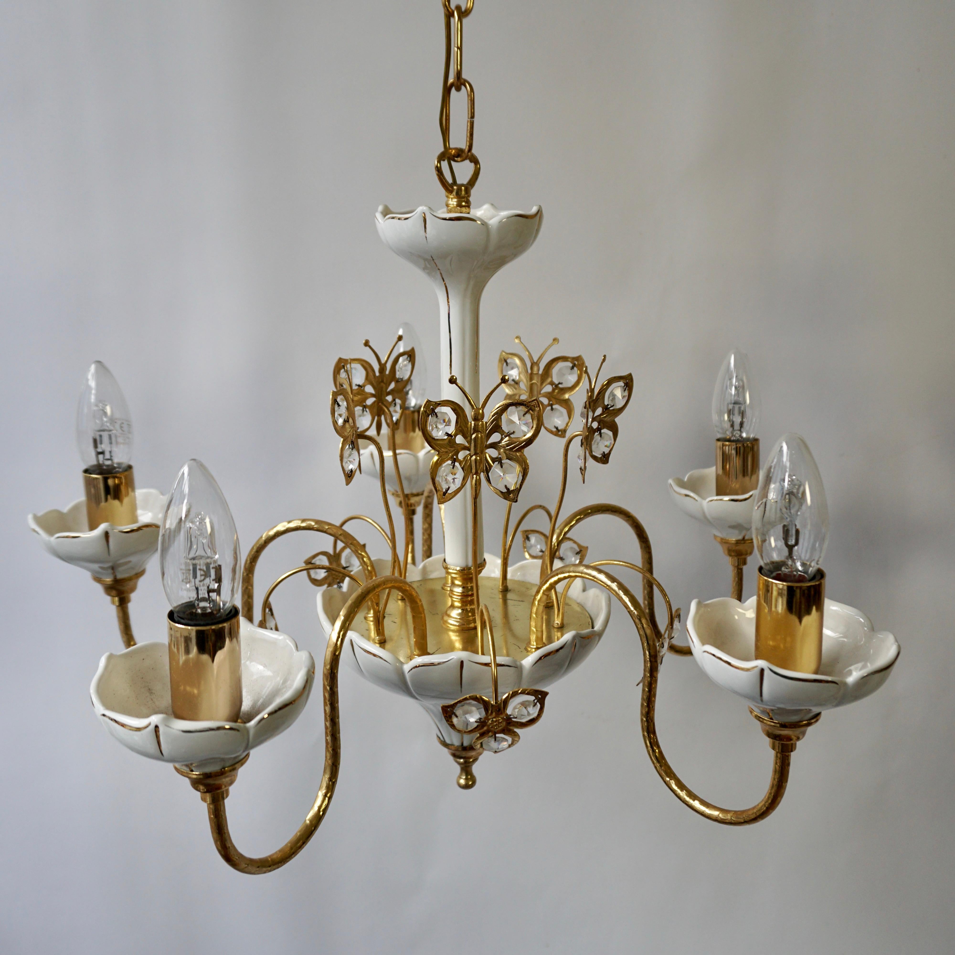 20th Century Two Porcelain and Brass Butterfly Chandeliers For Sale