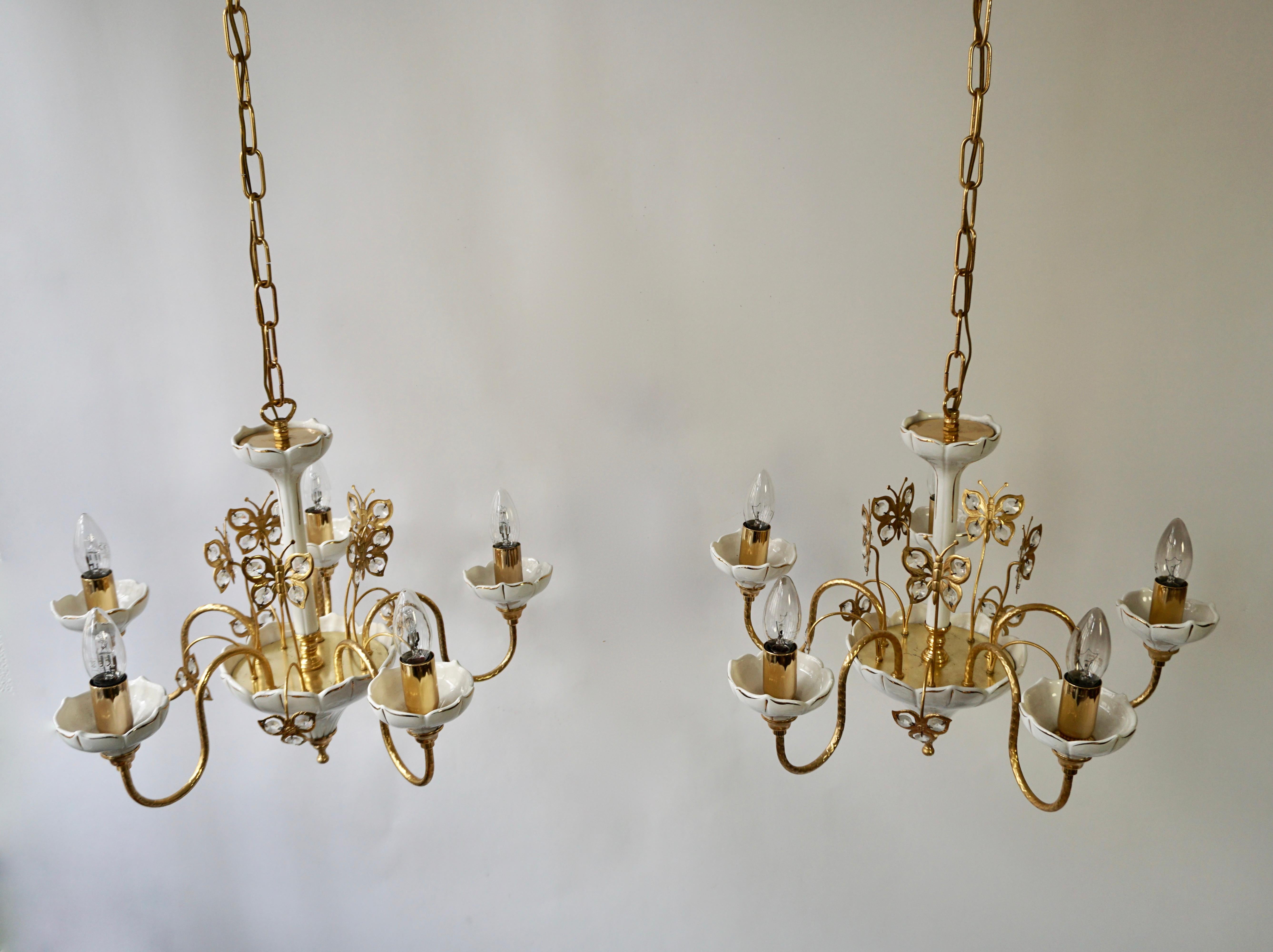 Two Porcelain and Brass Butterfly Chandeliers For Sale 2