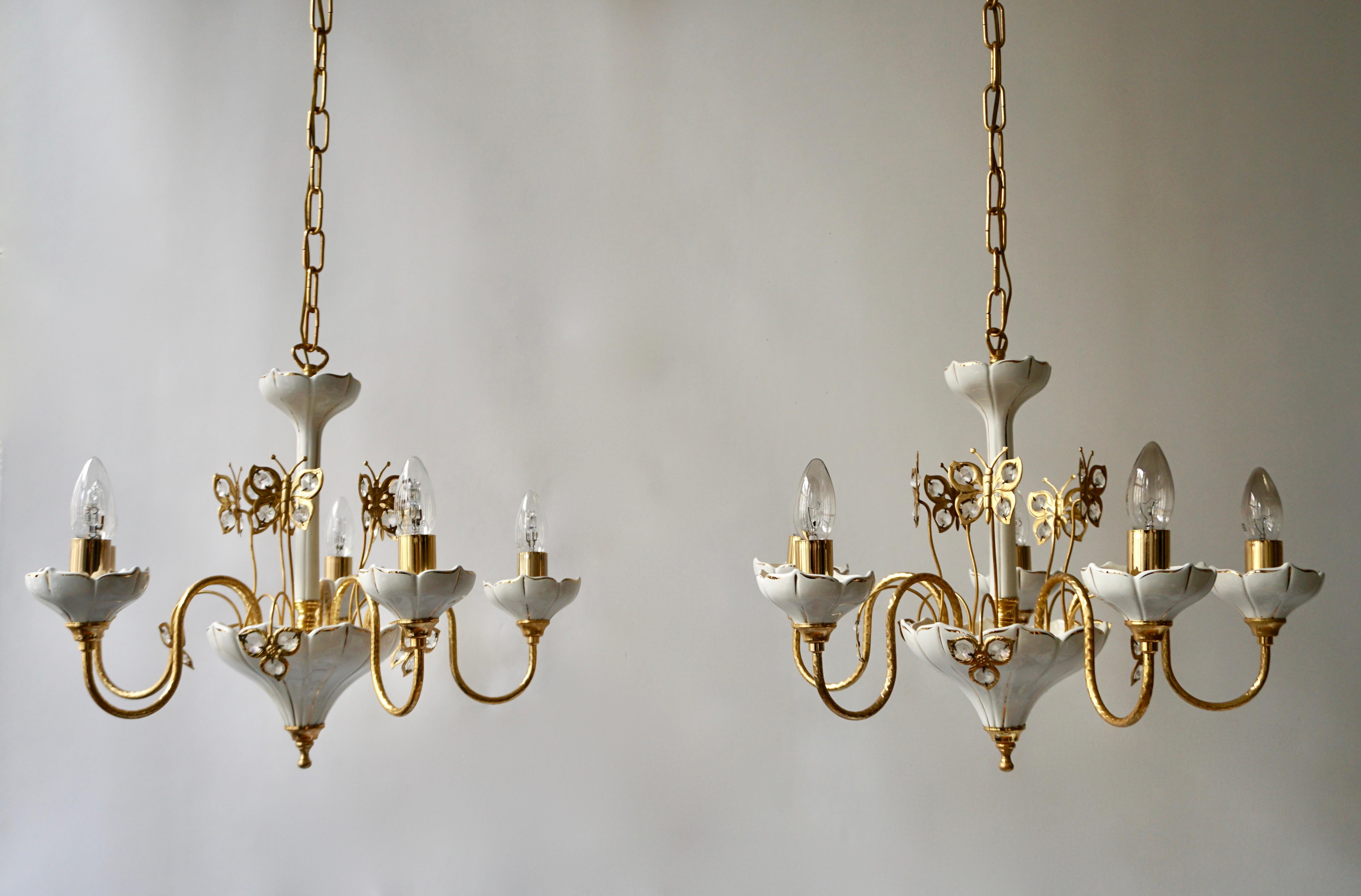 Two Porcelain and Brass Butterfly Chandeliers For Sale 3