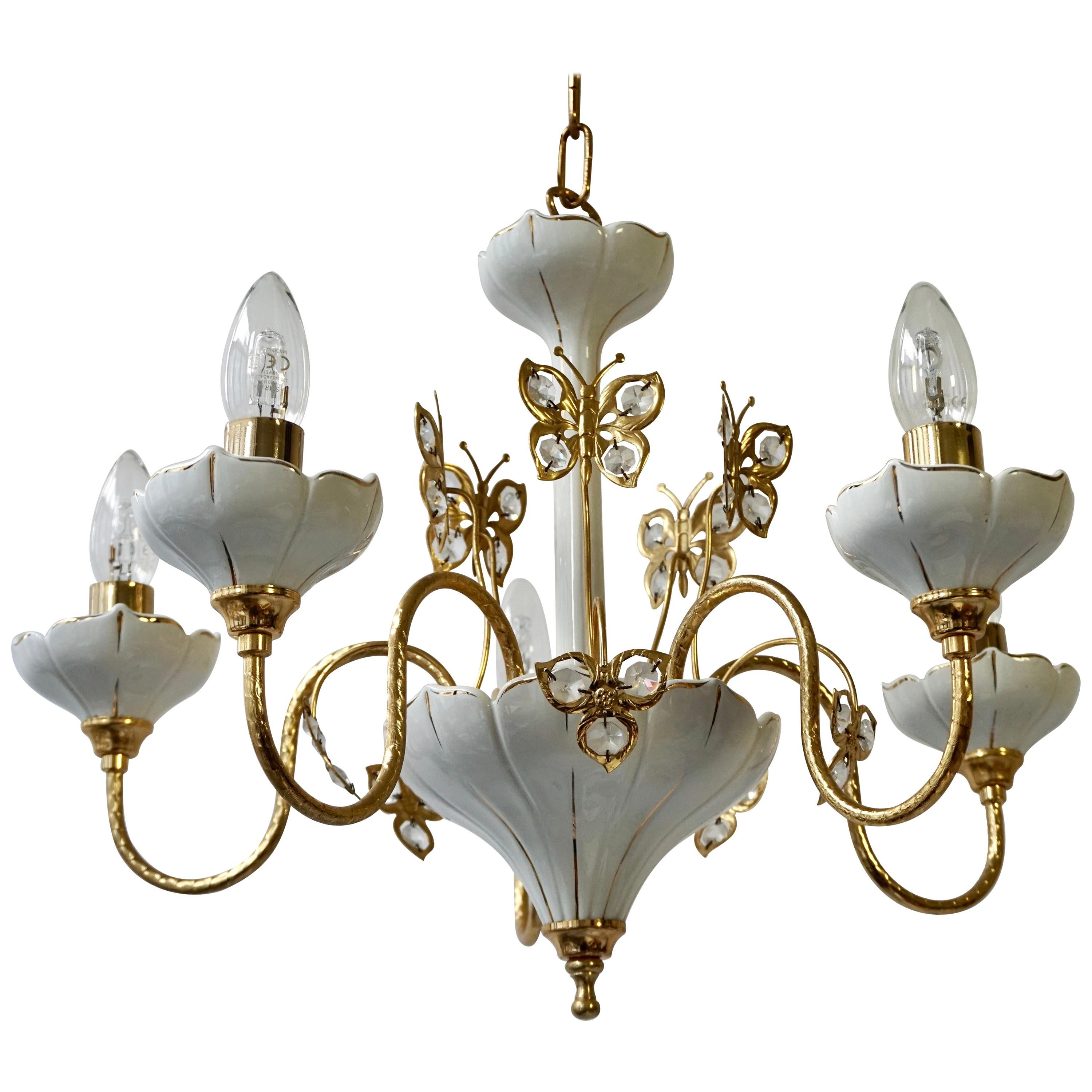Two Porcelain and Brass Butterfly Chandeliers