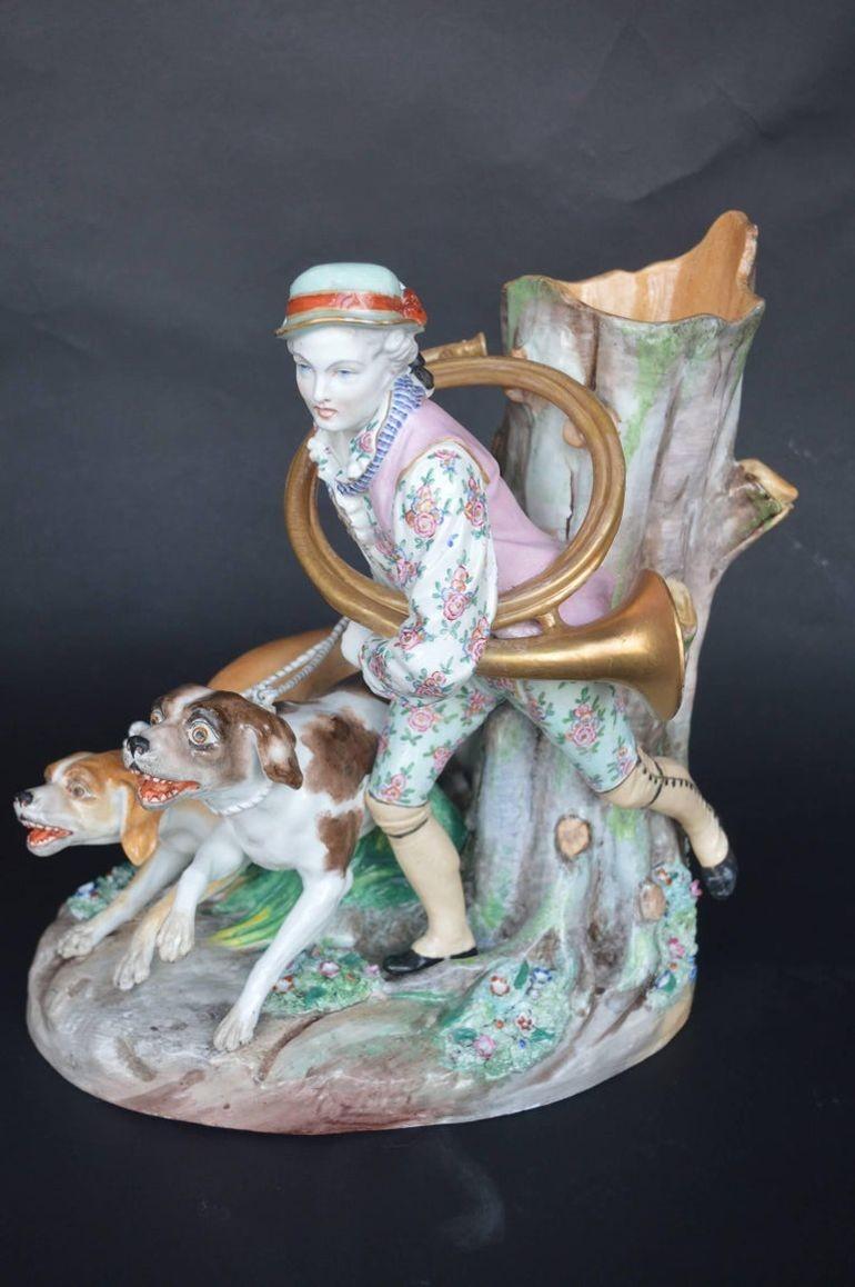 German Set of Two Porcelain Hunting Dog Vases For Sale
