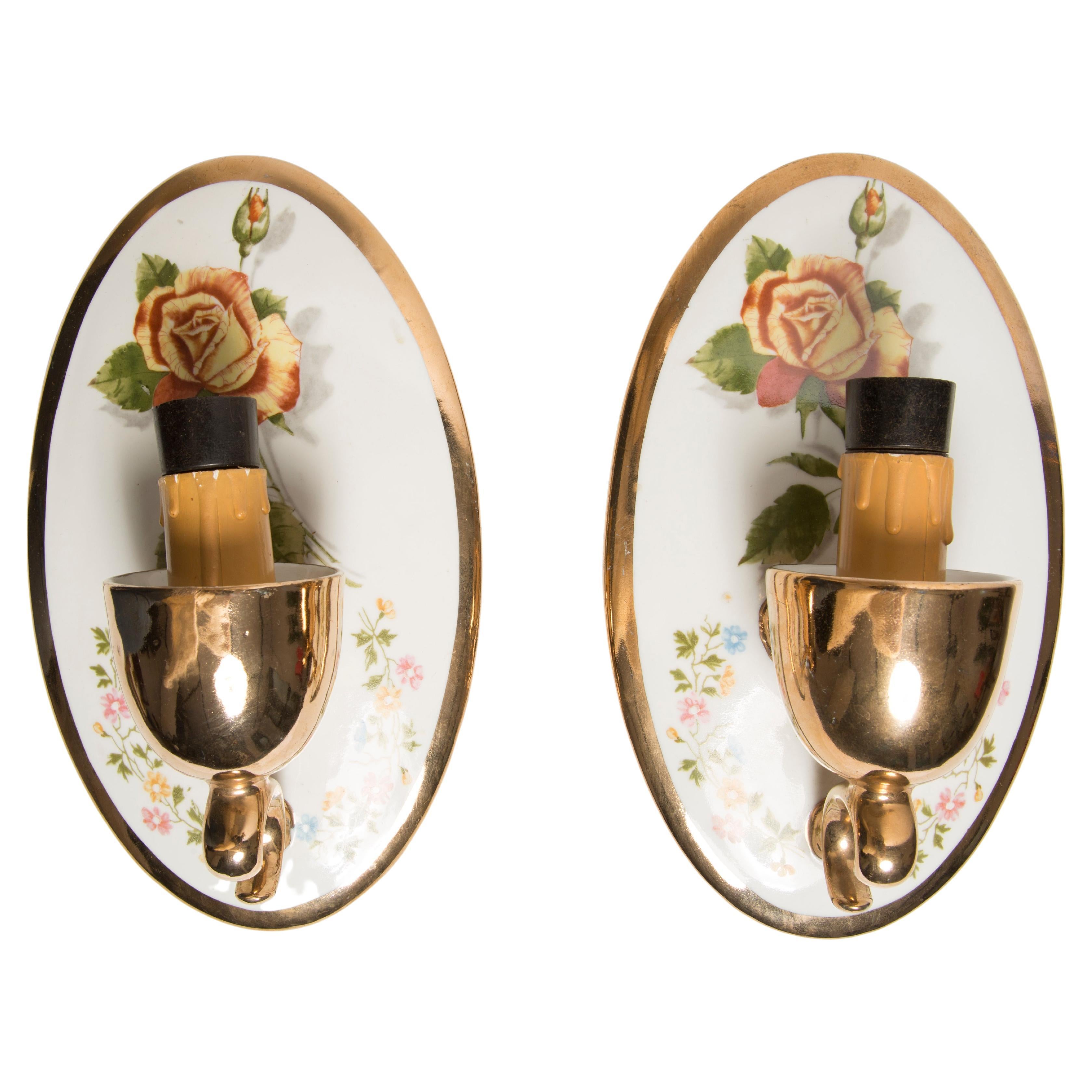 Set of Two Porcelain Wall Lamps with Roses, Poland, 1960s For Sale