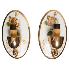Vintage Set of Two Porcelain Wall Lamps with Roses, Poland, 1960s
