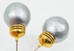 Set of Two Postmodern Silver Metallic Enamel Light Bulb Hat Pins - 5", 1930s