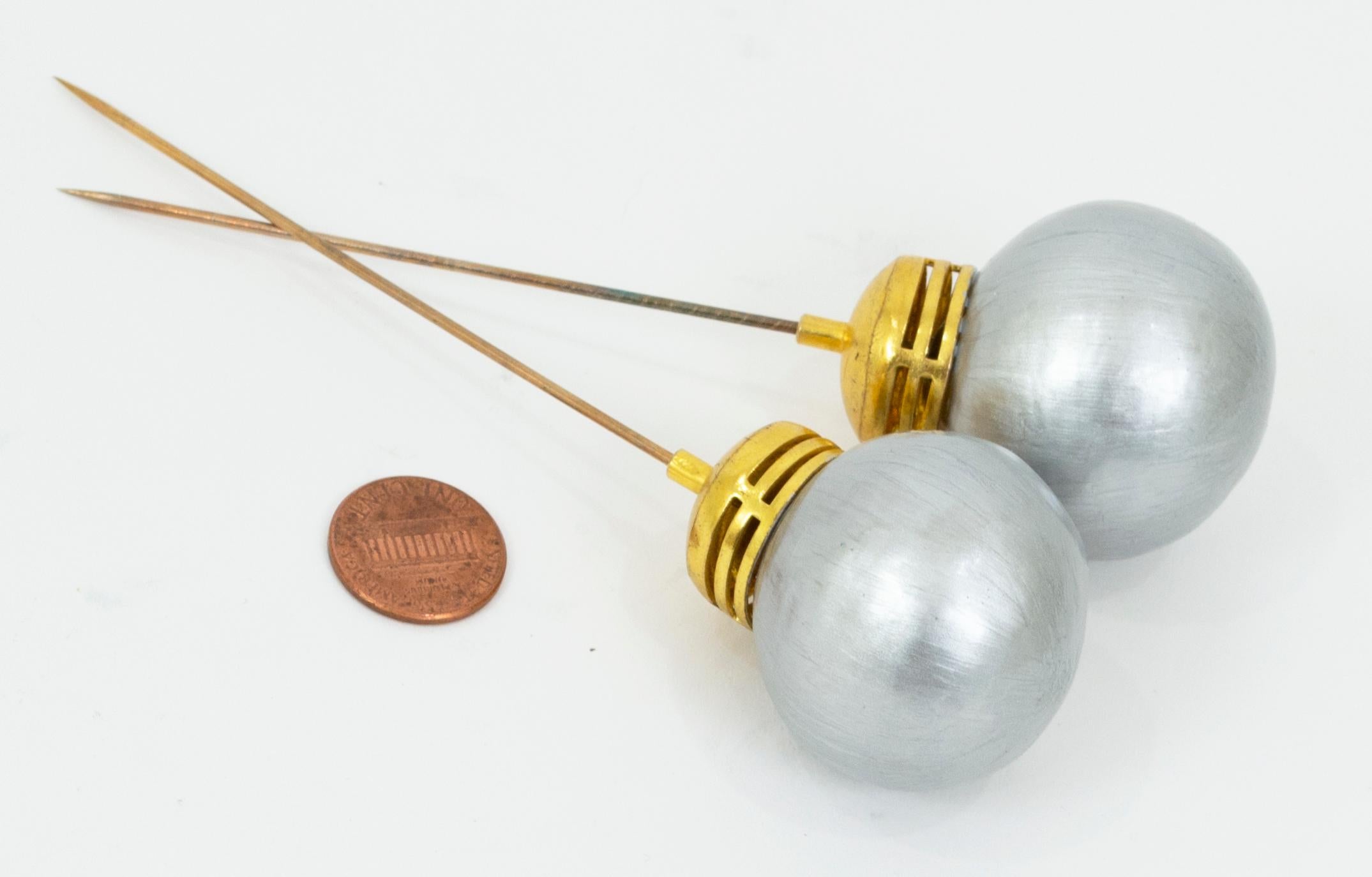 Set of Two Post Modern Silver Metallic Enamel Light Bulb Hat Pins - 5