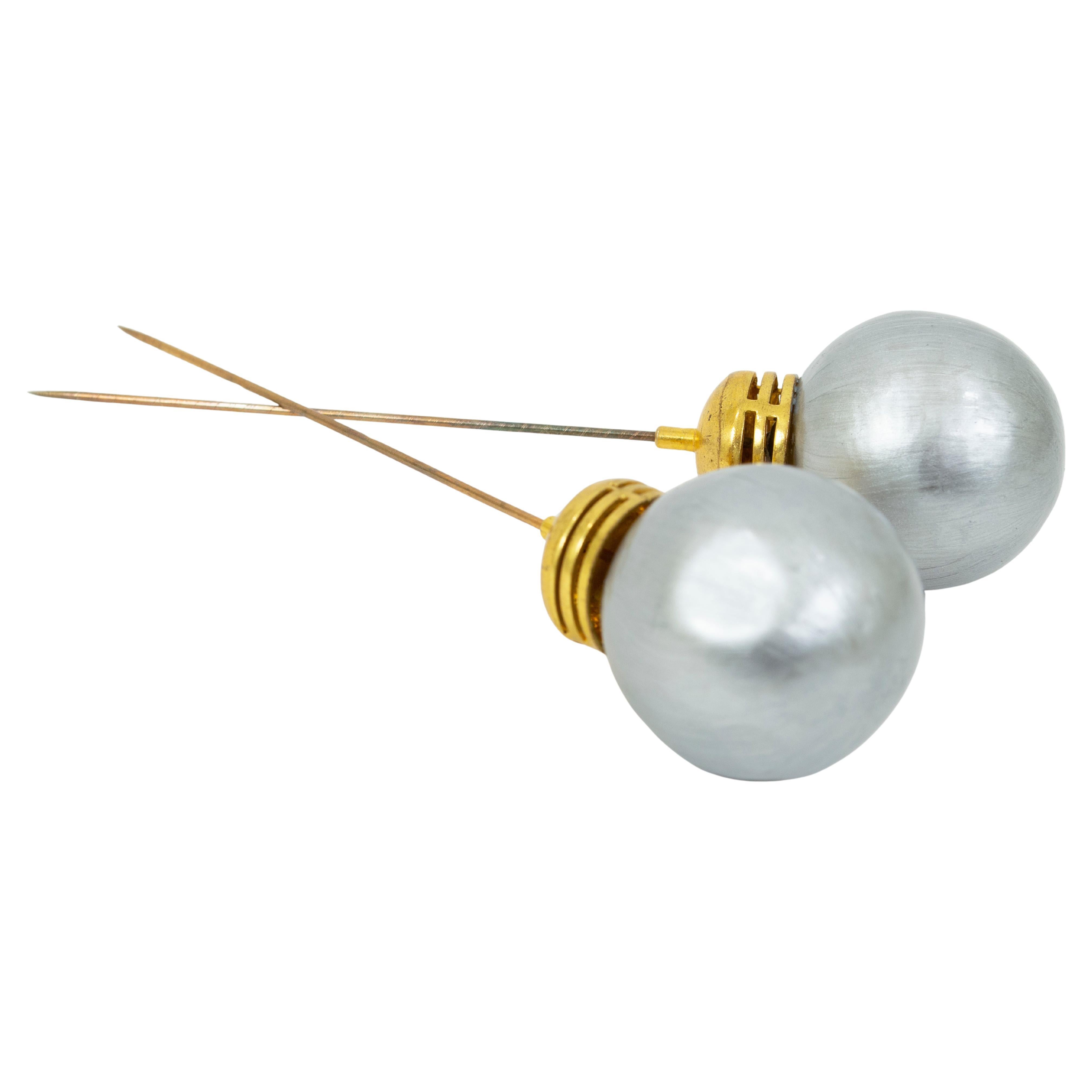 Set of Two Post Modern Silver Metallic Enamel Light Bulb Hat Pins - 5", 1930s For Sale
