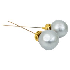 Set of Two Post Modern Silver Metallic Enamel Light Bulb Hat Pins - 5", 1930s