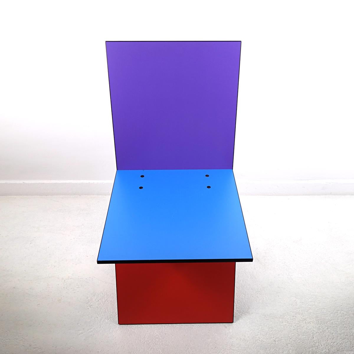 Set of two rare Vilbert chairs designed in 1993 by Verner Panton for Ikea. Only about 4,000 of these chairs were manufactured.

The chairs consist of four multicolored MDF boards screwed together.

Marked 'Verner Panton for Ikea'.