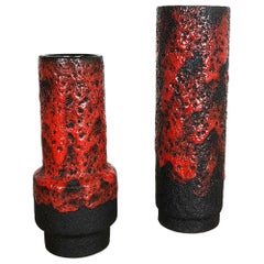 Set of Two Pottery Fat Lava Vases "black-red" by Jopeko, Germany, 1970s