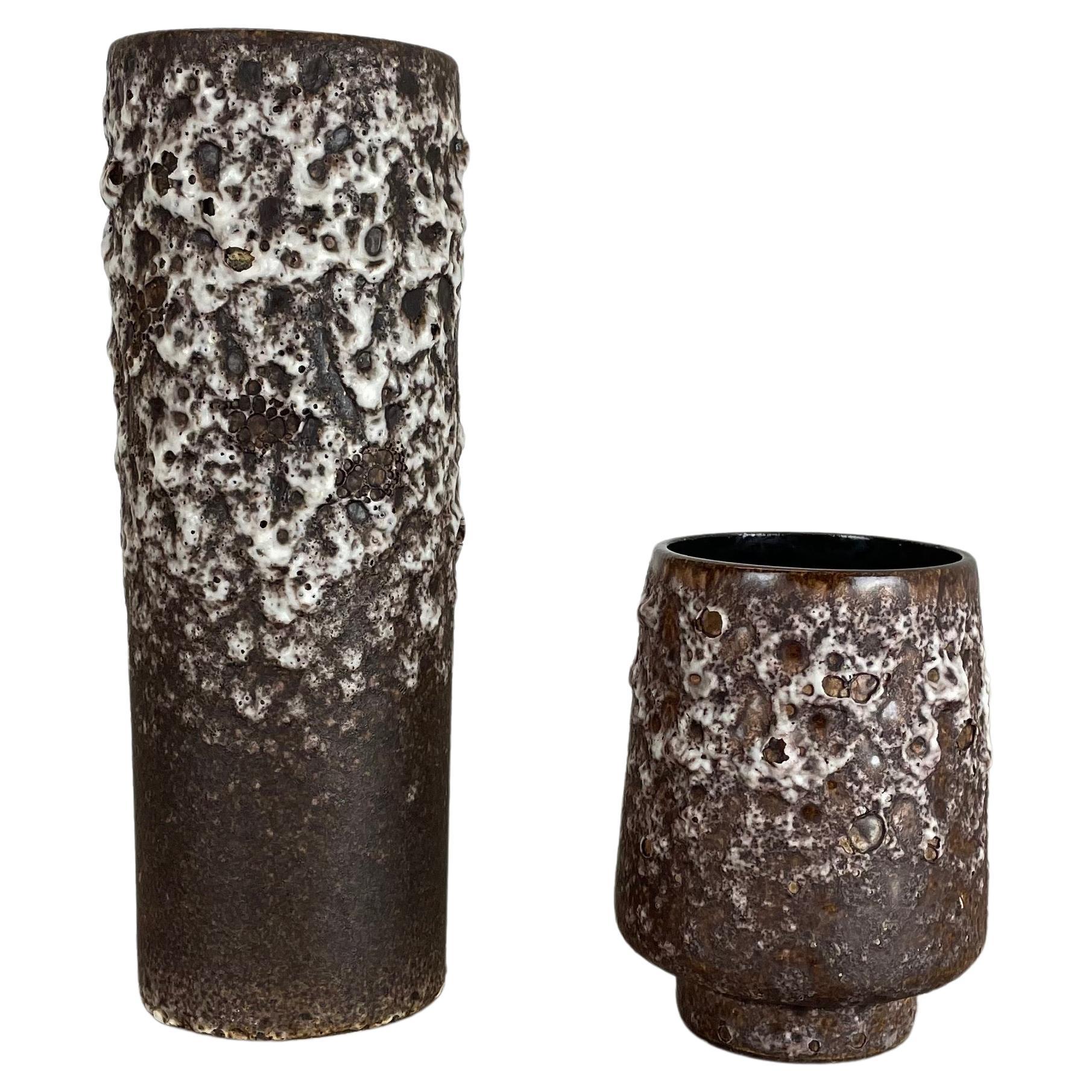 Set of Two Pottery Fat Lava Vases "Crusty Brown-White" by Jopeko, Germany, 1970s For Sale