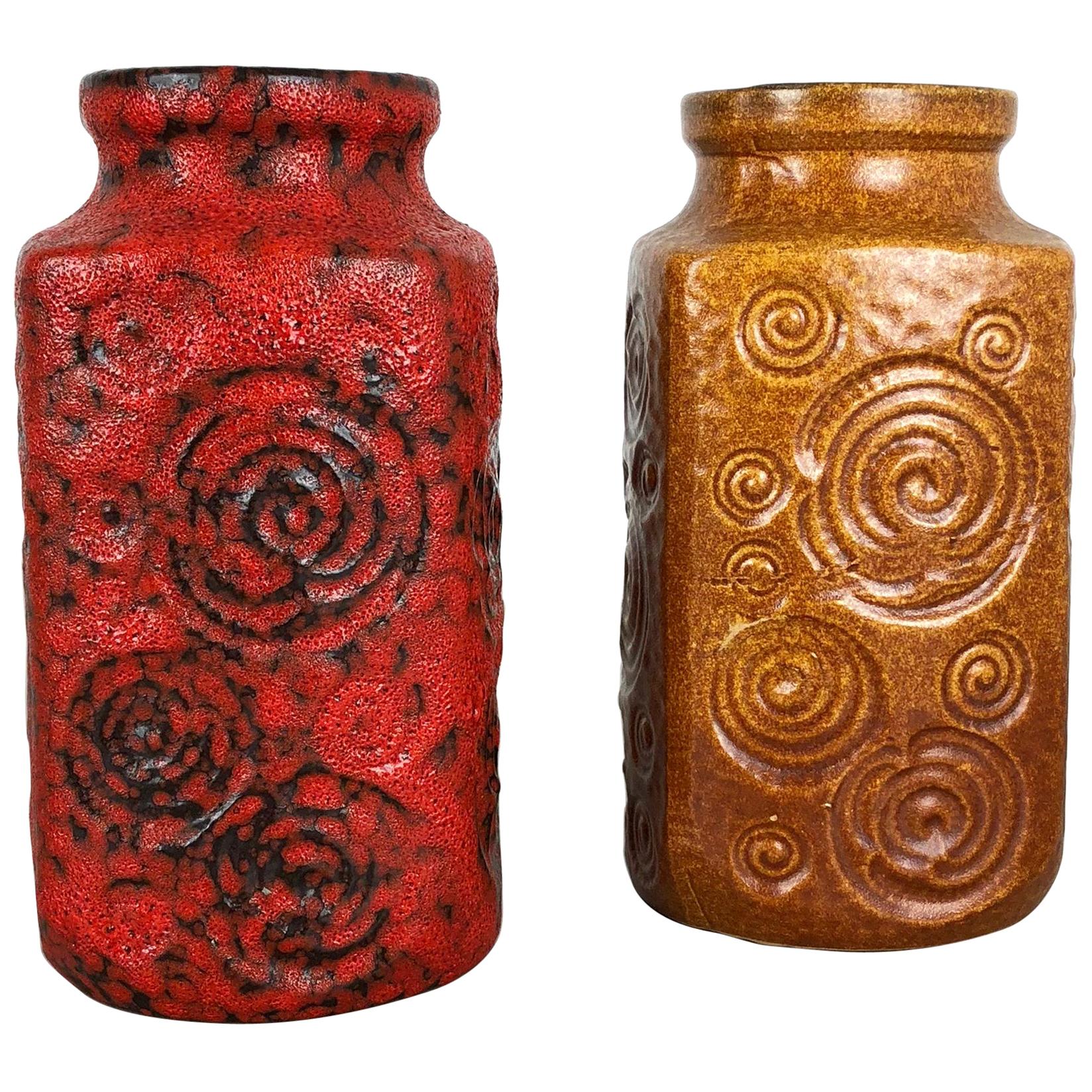 Juego de dos jarrones de lava gorda de cerámica Jura "282-20" Fabricados por Scheurich, Alemania Años 70