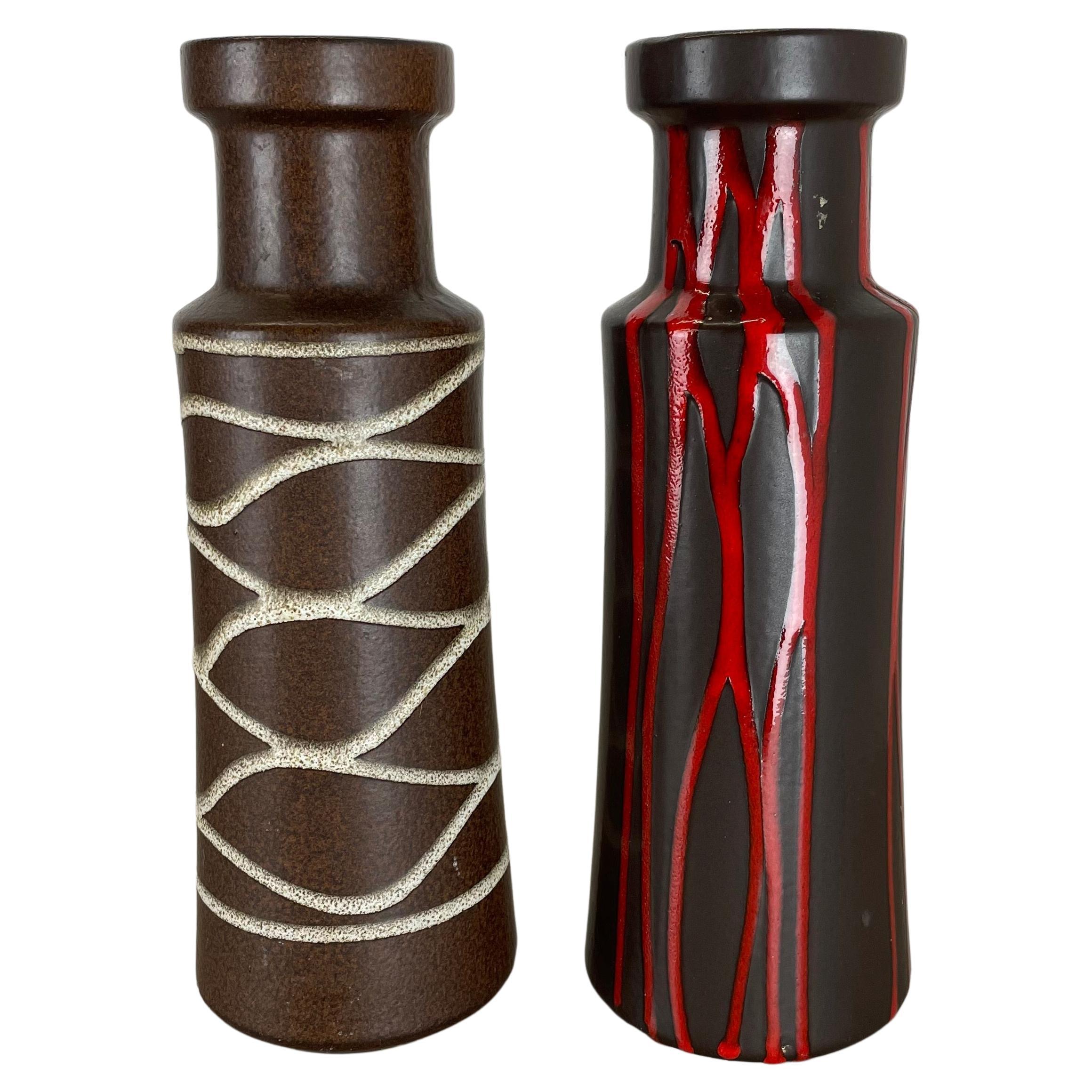 Set of Two Pottery Fat Lava Vases "Lines" by Scheurich, Germany, 1970s For Sale