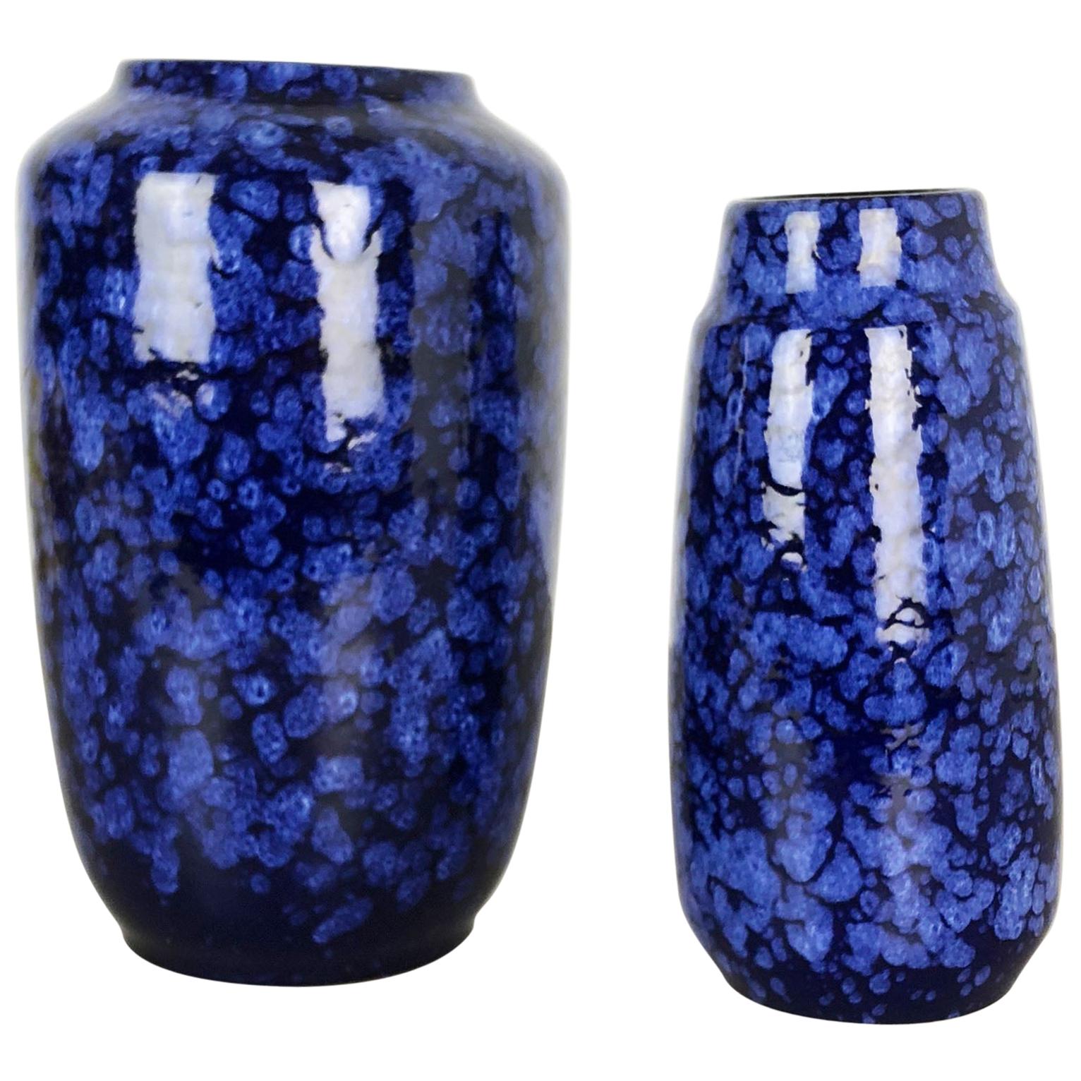 Set of Two Pottery Fat Lava Vases Model "BLUE" Made by Scheurich, Germany, 1970s For Sale