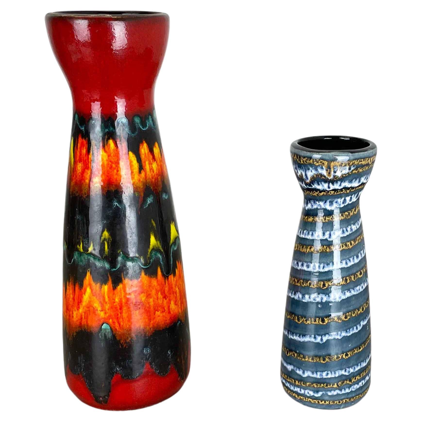 Set of Two Pottery Fat Lava Vases "Multi-Color" by Scheurich, Germany, 1970s For Sale