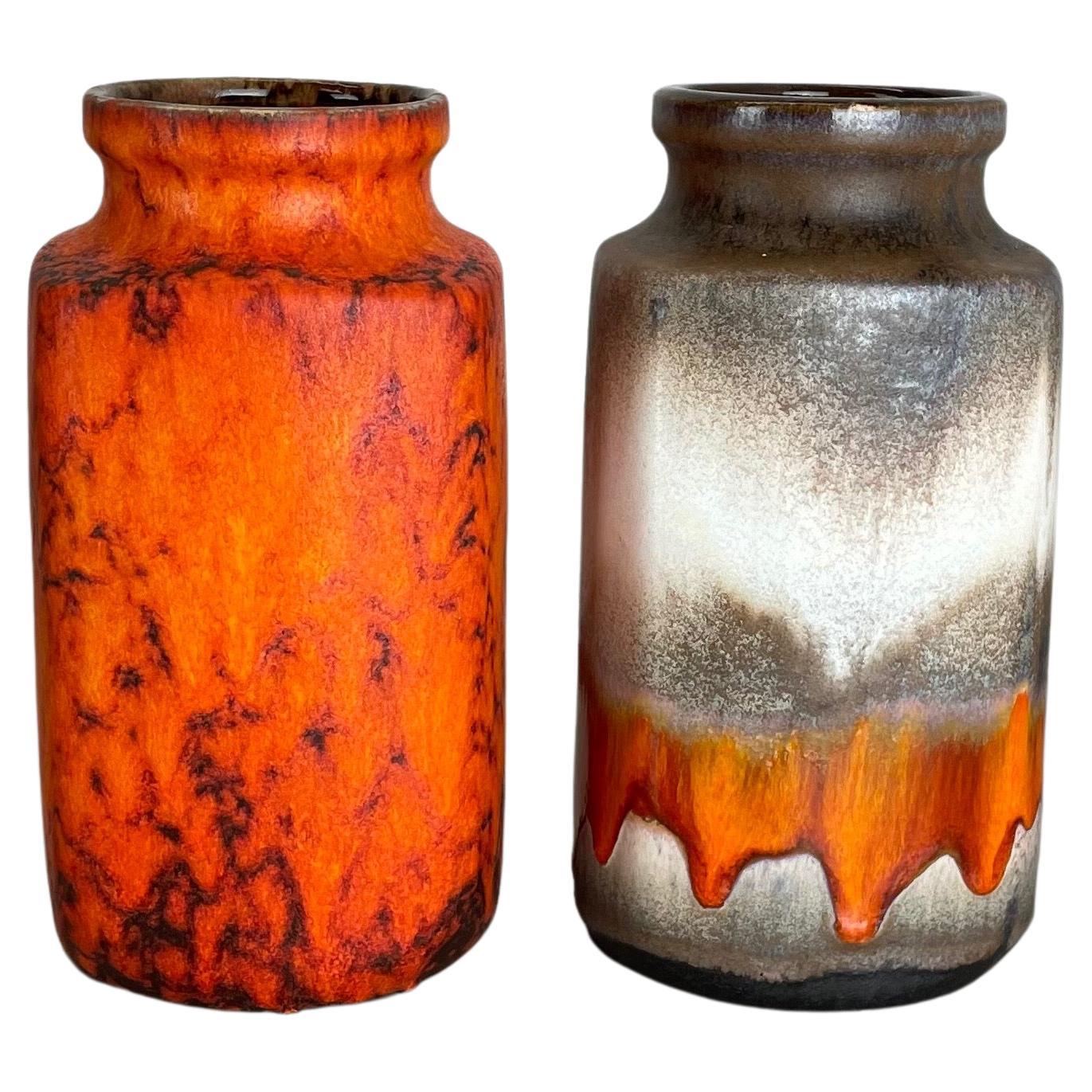 Set of Two Pottery Fat Lava Vases "Orange" by Scheurich, Germany, 1970s For Sale