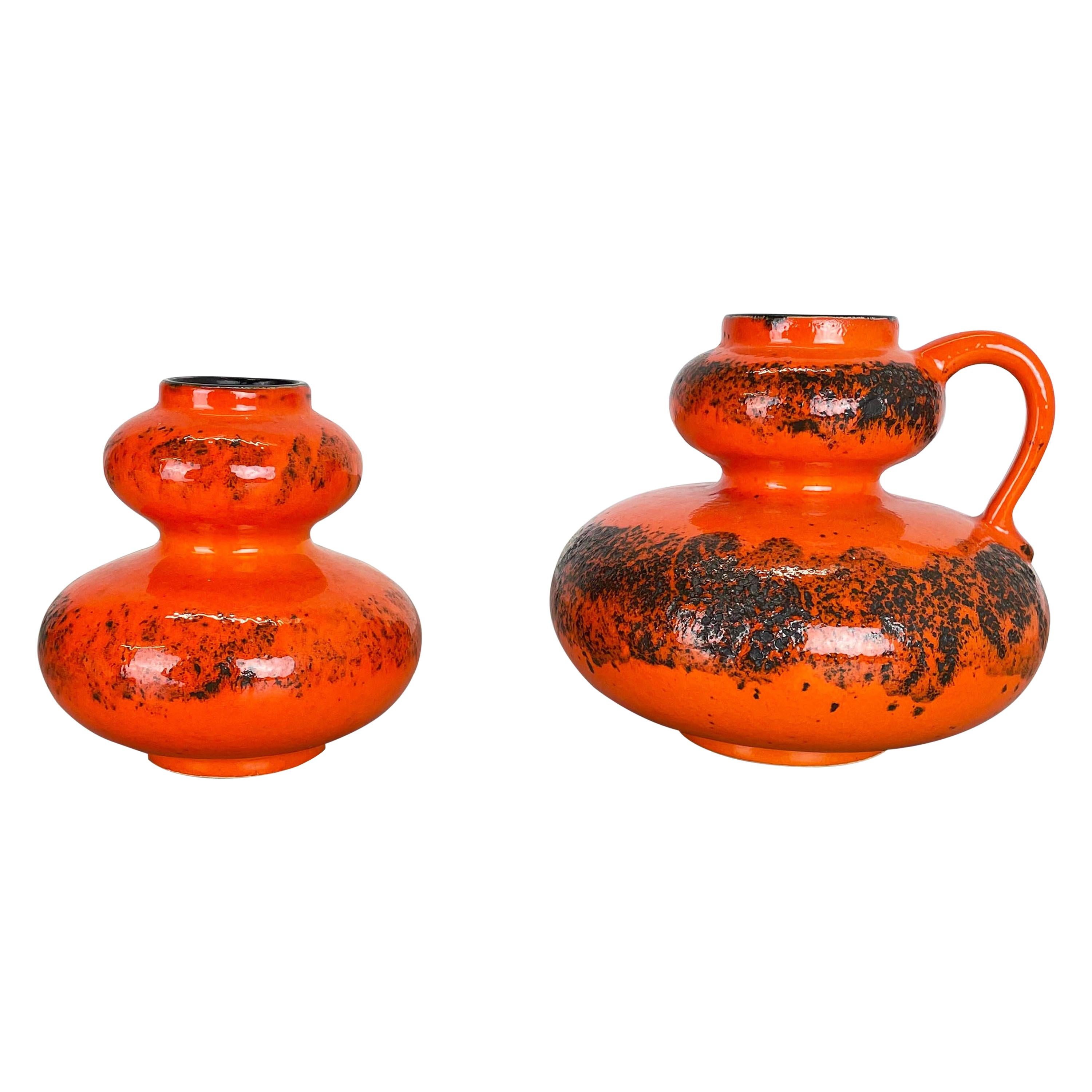 Set of Two Pottery Fat Lava Vases "Orange" Made by Spara Ceramic, Germany 1970s For Sale