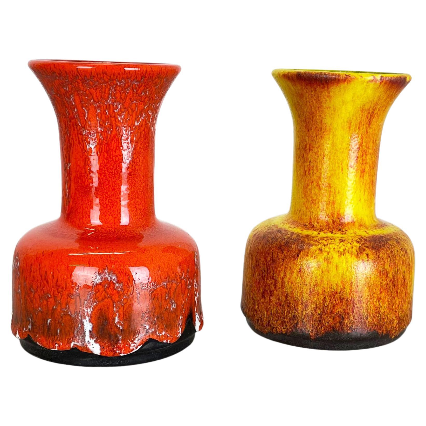 Set of Two Pottery Fat Lava Vases "Yellow-Red" by Jasba, Germany, 1970s