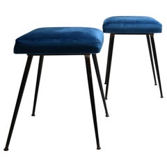 Vintage Set of Two Poufs 60s Stools, Brass Feet and Petroleum Blue Velvet Upholstery