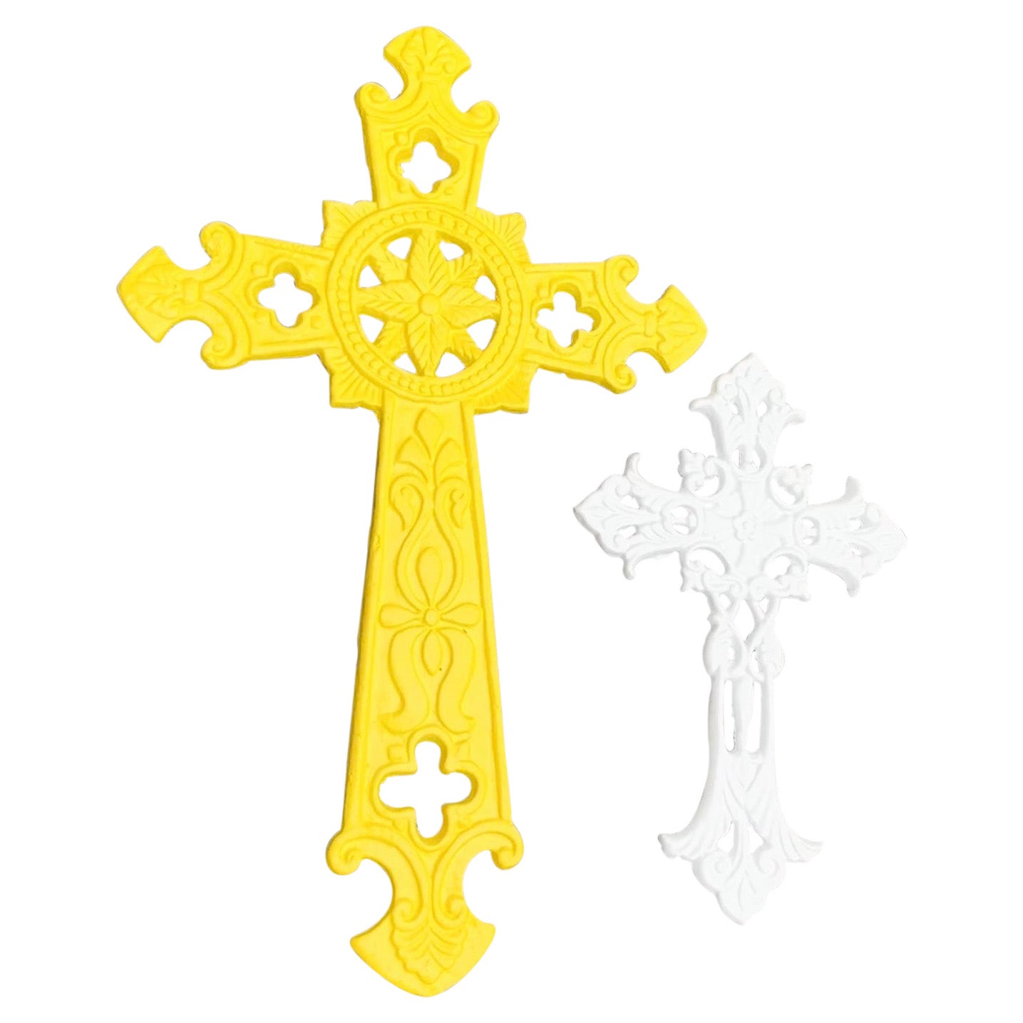 Set di due crocifissi rivestiti di polvere di colore giallo e bianco in vendita