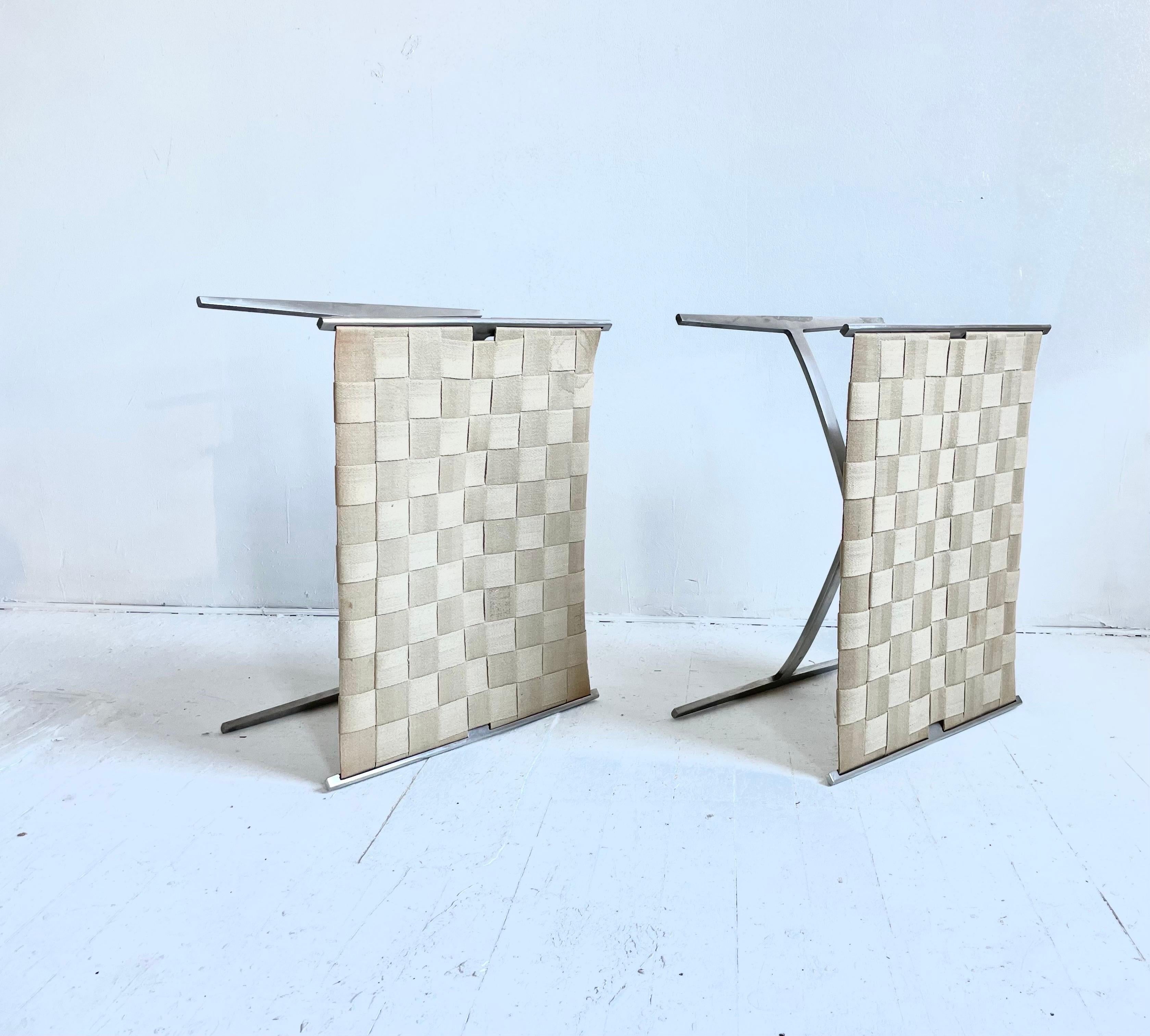 Very rare. 

Designed by Preben Fabricius and Jørgen Kastholm and manufactured by Ivan Schlechter, Denmark. 

Canvas is original. Original leather seat pads are not available. 

Frame is in very good condition. 

14½ h × 26½ w × 19 d in (37 × 67 ×