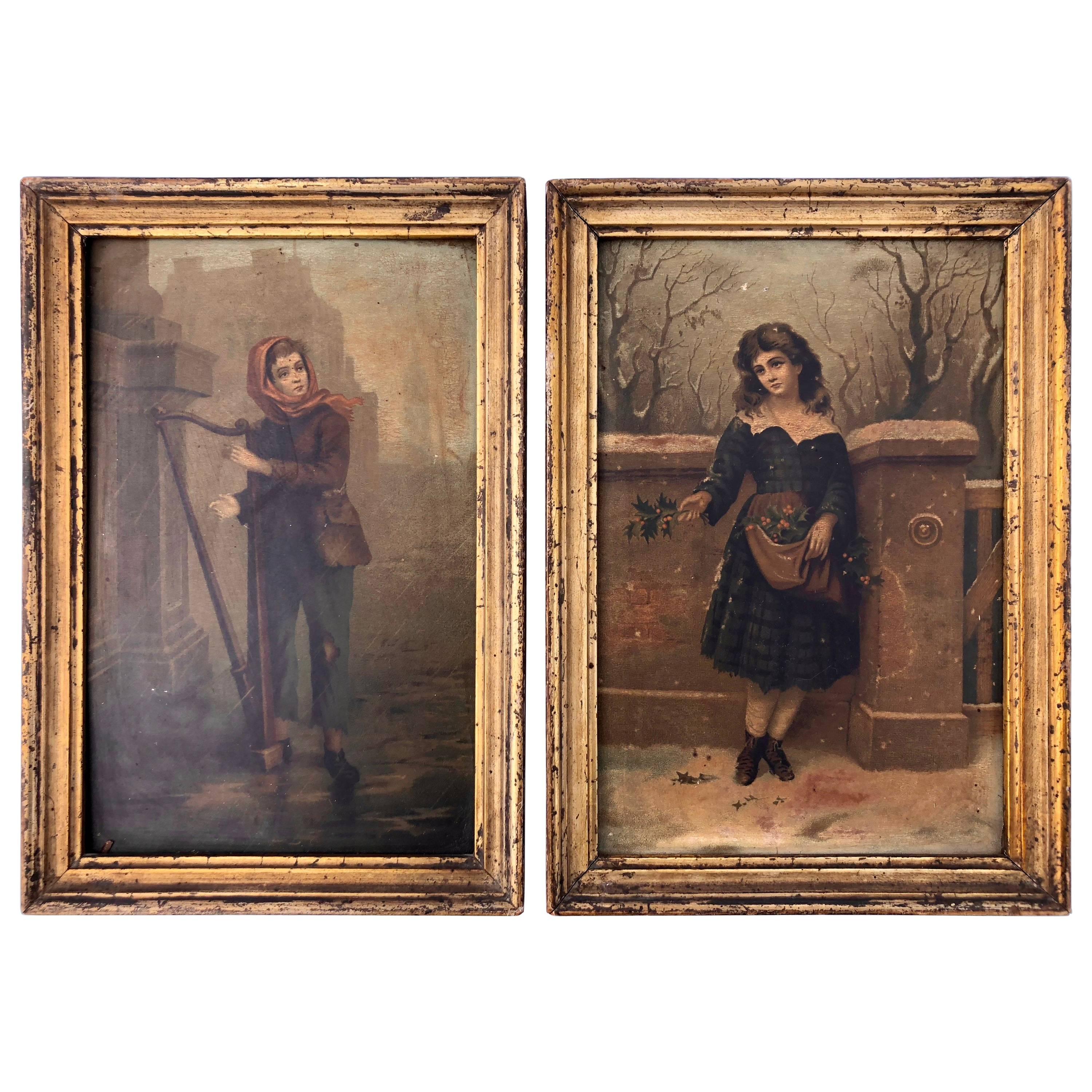 Set of Two Prints of a Boy and a Girl in Their Original Frames Early 1900s For Sale