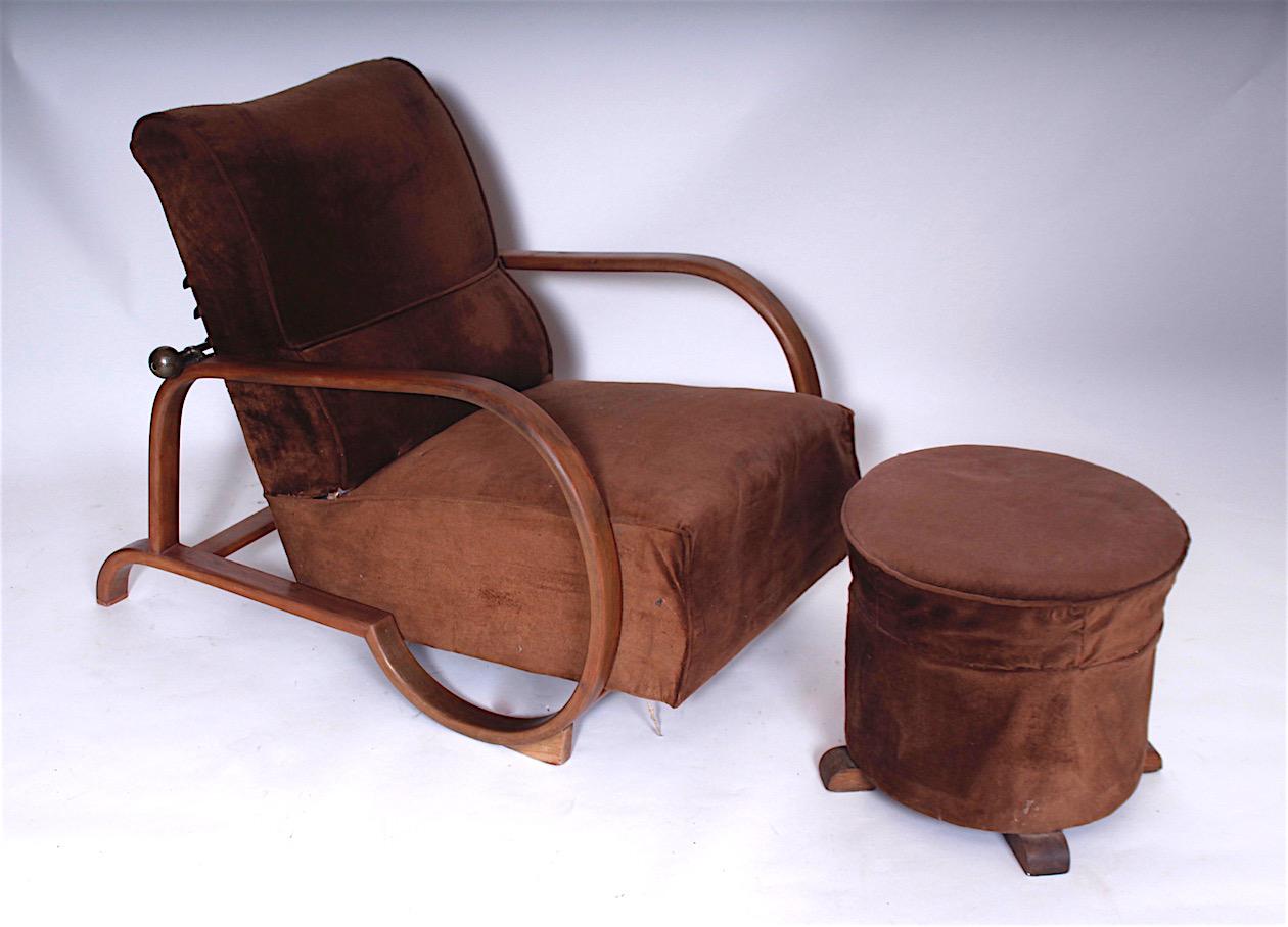 Tchèque Ensemble rare de deux fauteuils Art Déco avec poufs, années 1920 en vente