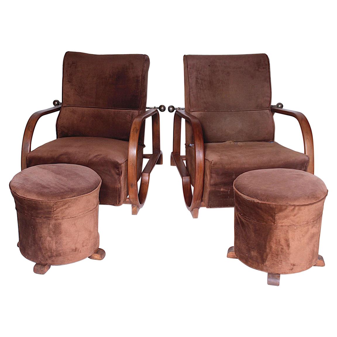 Ensemble rare de deux fauteuils Art Déco avec poufs, années 1920 en vente