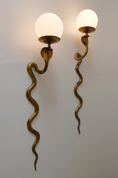 Set of Two Rare Cast Brass Cobra Sconces or Wall Lamps by Maison Jansen, 1950s
