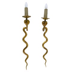 Set of Two Rare Cast Brass Cobra Sconces or Wall Lamps by Maison Jansen, 1950s