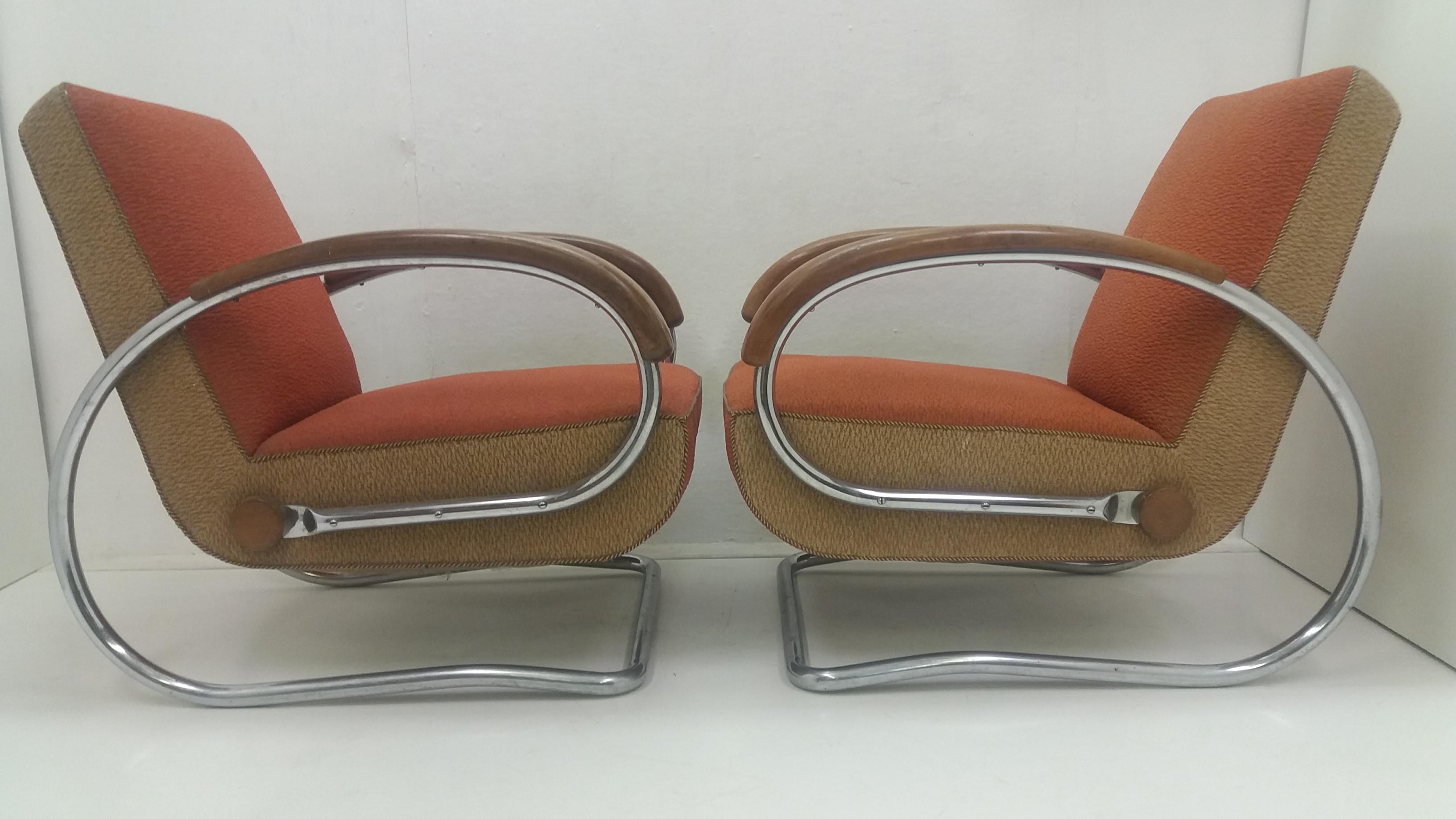 Fabric Set of Two Rare Design Armchairs Model H221, Designed by Jindřich Halabala For Sale