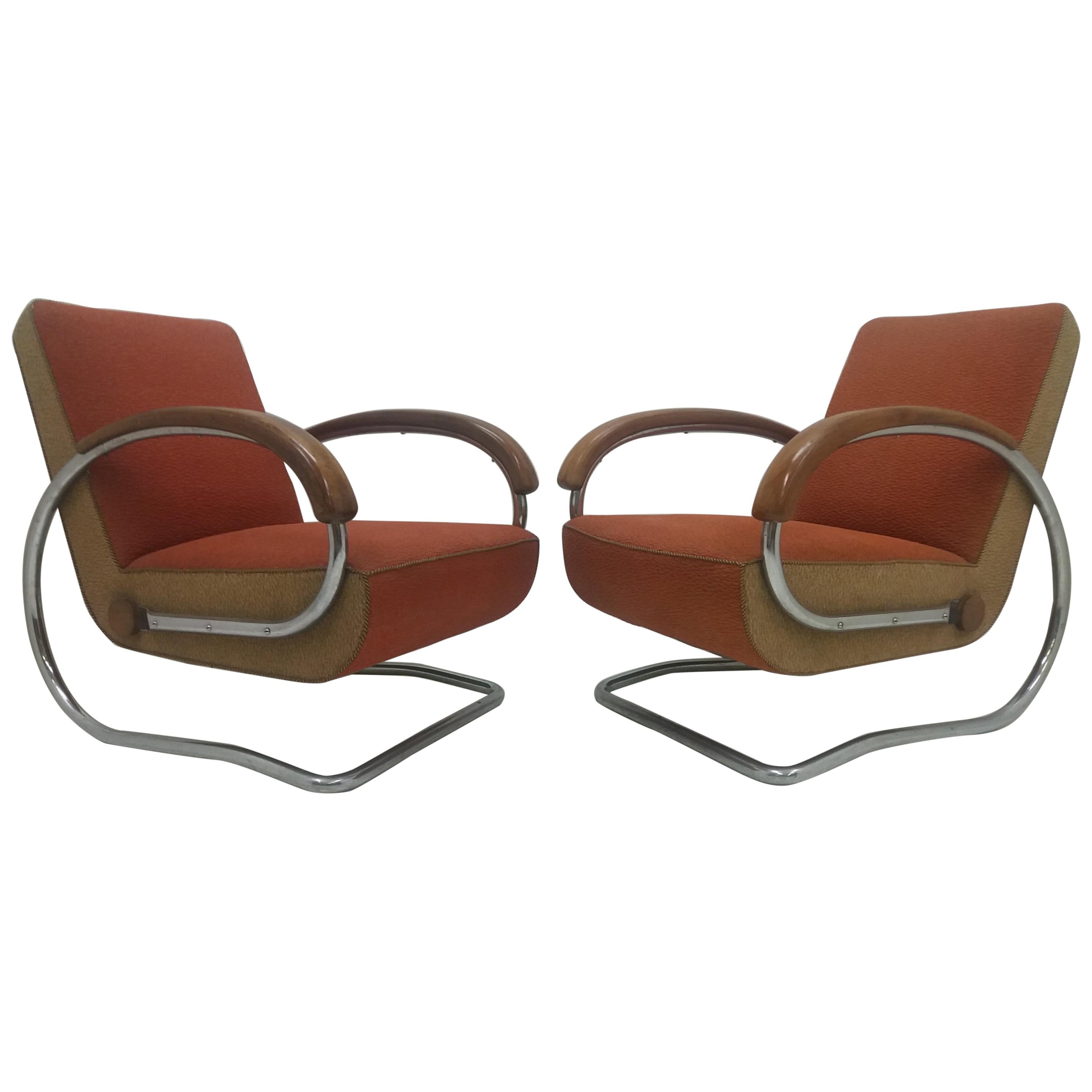Satz von zwei seltenen Design-Sesseln Modell H221:: entworfen von Jindřich Halabala