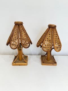 Set of two rattan and bamboo Bedside Lamps, made in Italy, 1960s