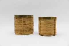 Set of Two Rattan and Brass Midcentury Handcrafted Planter, Austria, 1950s