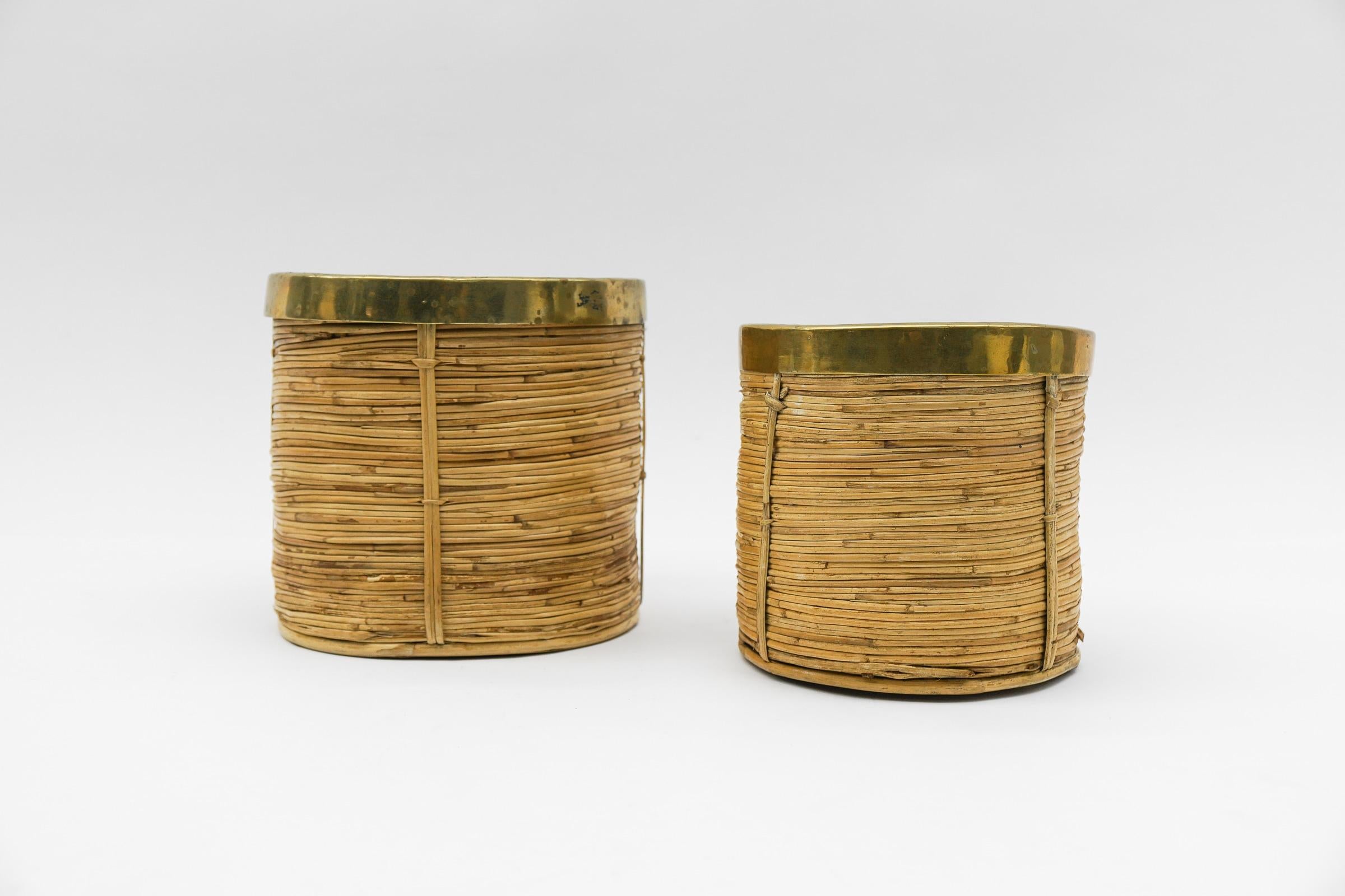 Austrian Set of Two Rattan and Brass Midcentury Handcrafted Planter, Austria, 1950s For Sale
