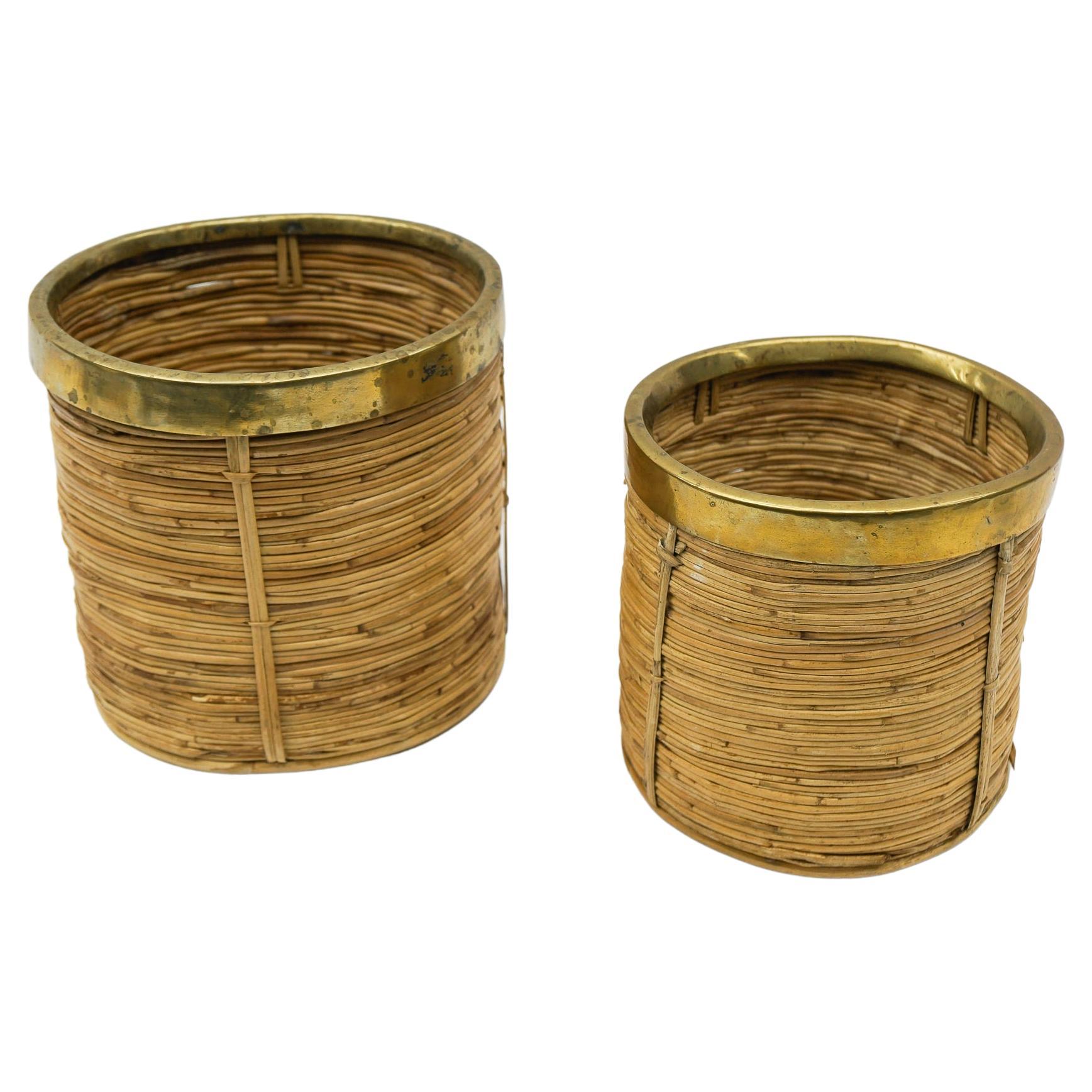 Set of Two Rattan and Brass Midcentury Handcrafted Planter, Austria, 1950s For Sale
