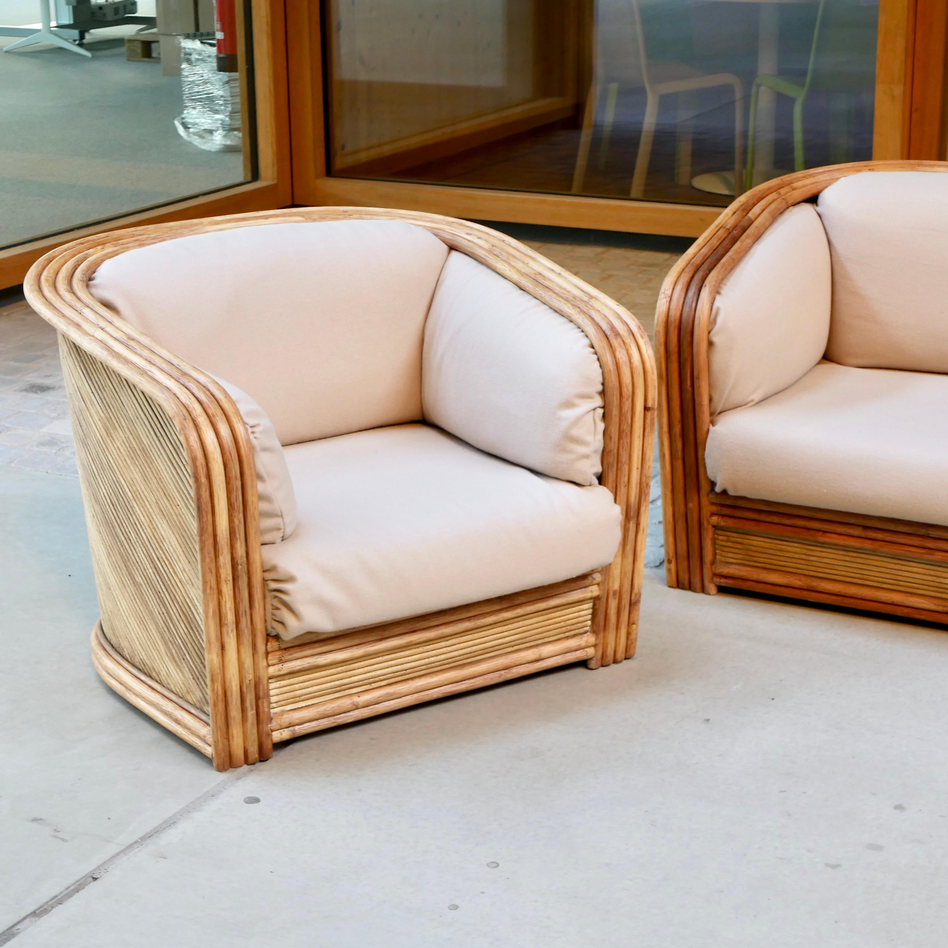 Fabric Set of two rattan armchairs by Maugrion, for Roche Bobois, France, 1980s