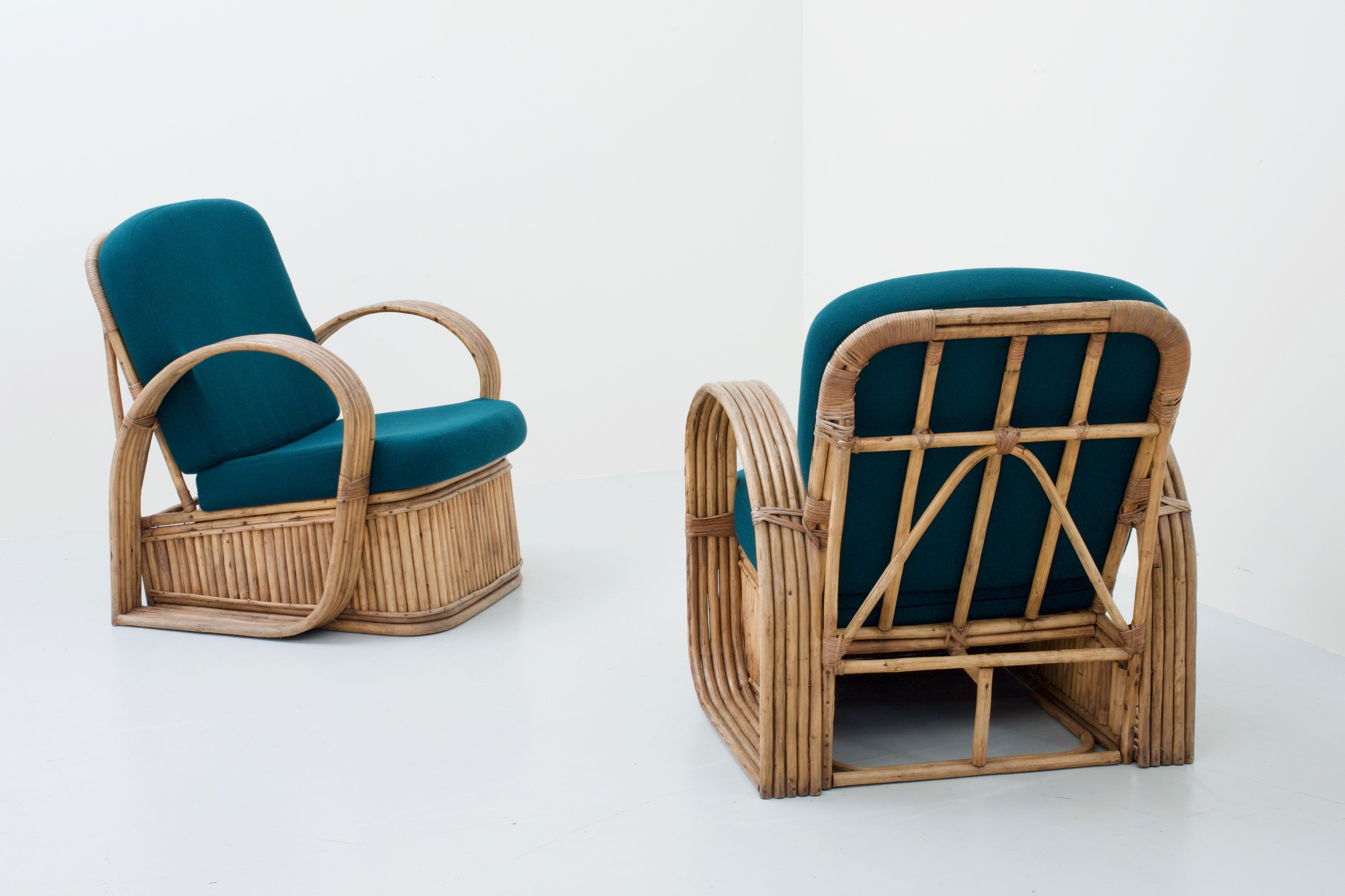 Bohemian Set of Two Rattan Chairs in Newly Reupholstered Green Wool, Italy, 1950s For Sale