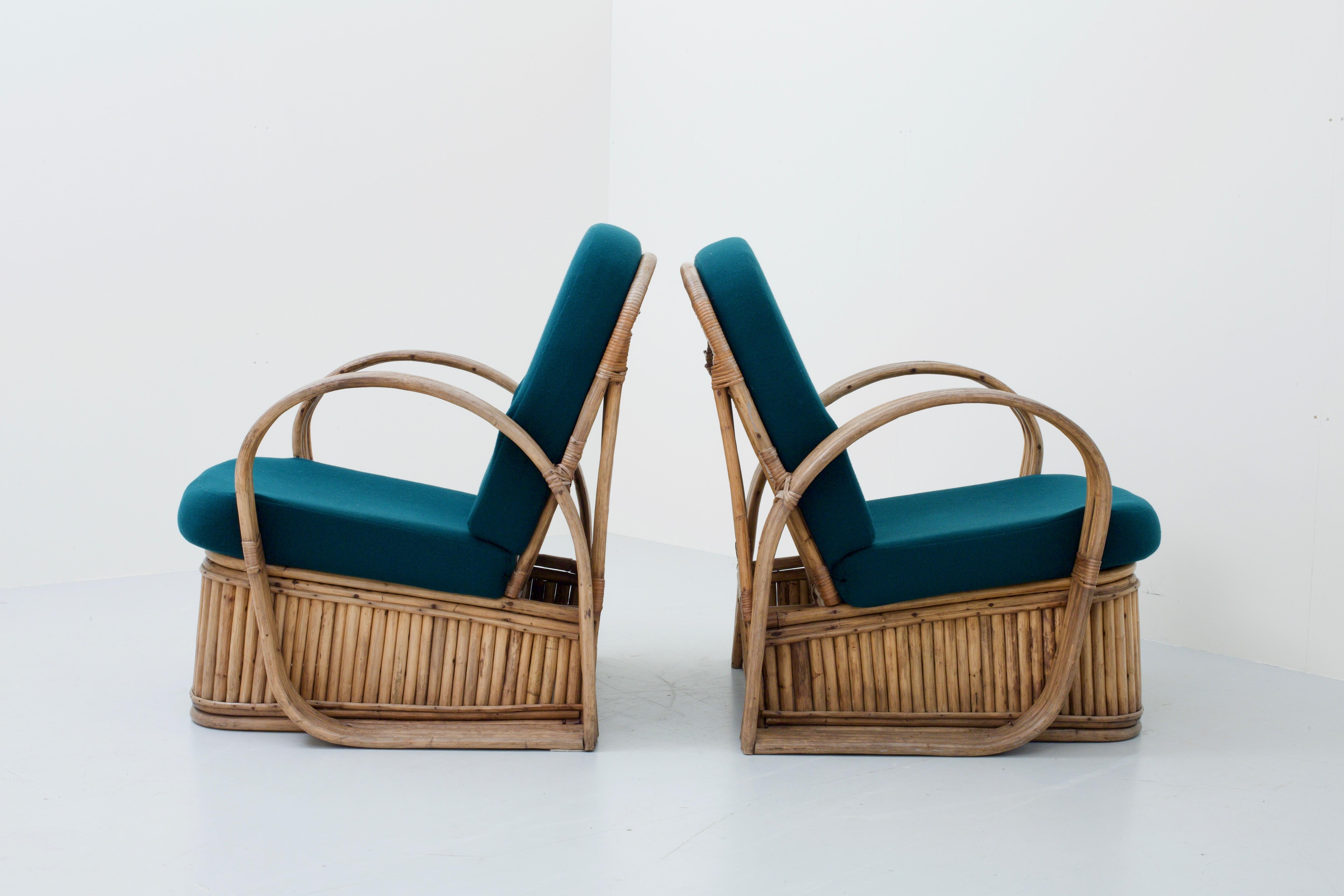 Set of Two Rattan Chairs in Newly Reupholstered Green Wool, Italy, 1950s In Good Condition In Amsterdam, NL