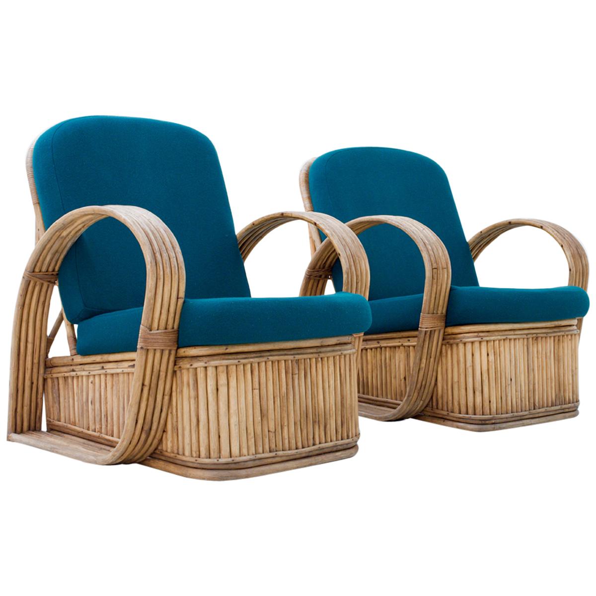 Set of Two Rattan Chairs in Newly Reupholstered Green Wool, Italy, 1950s