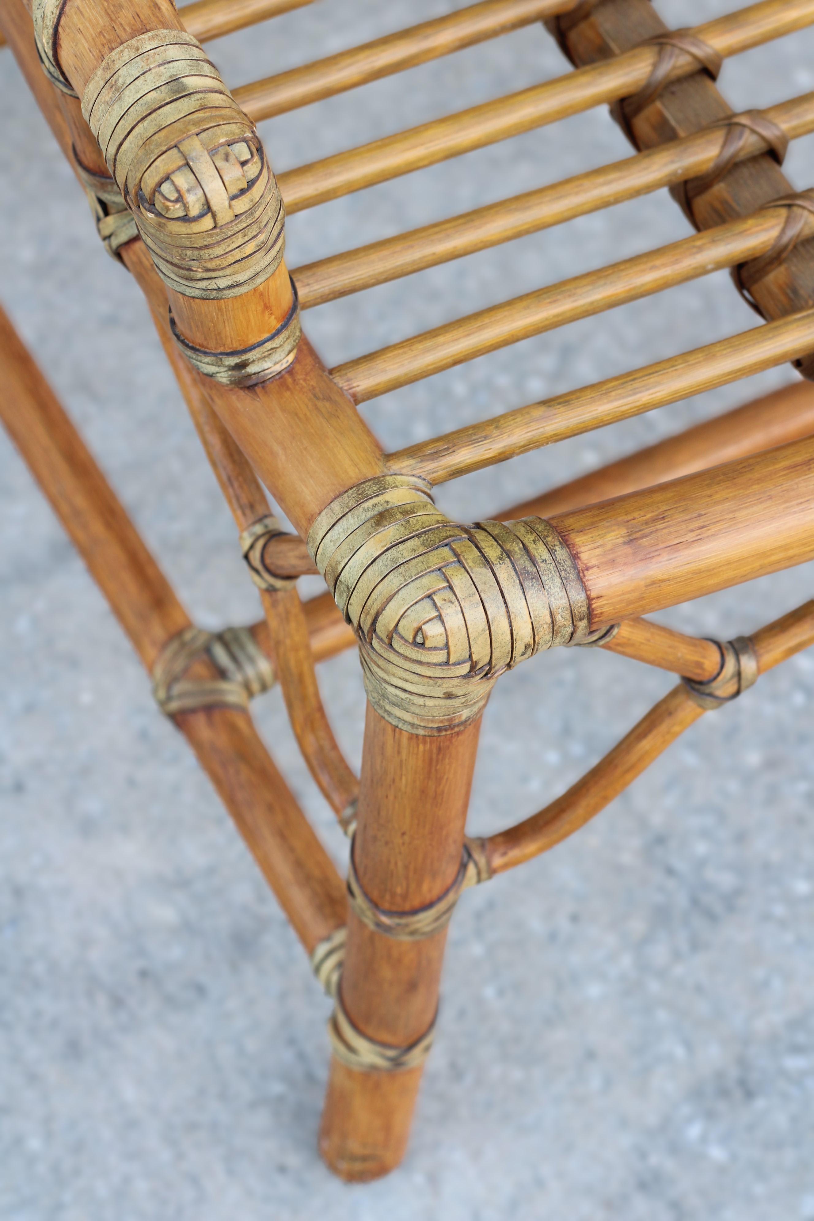 Pair of Rattan Cracked Ice Style Arm Chairs with Rolling Ottoman For Sale 2