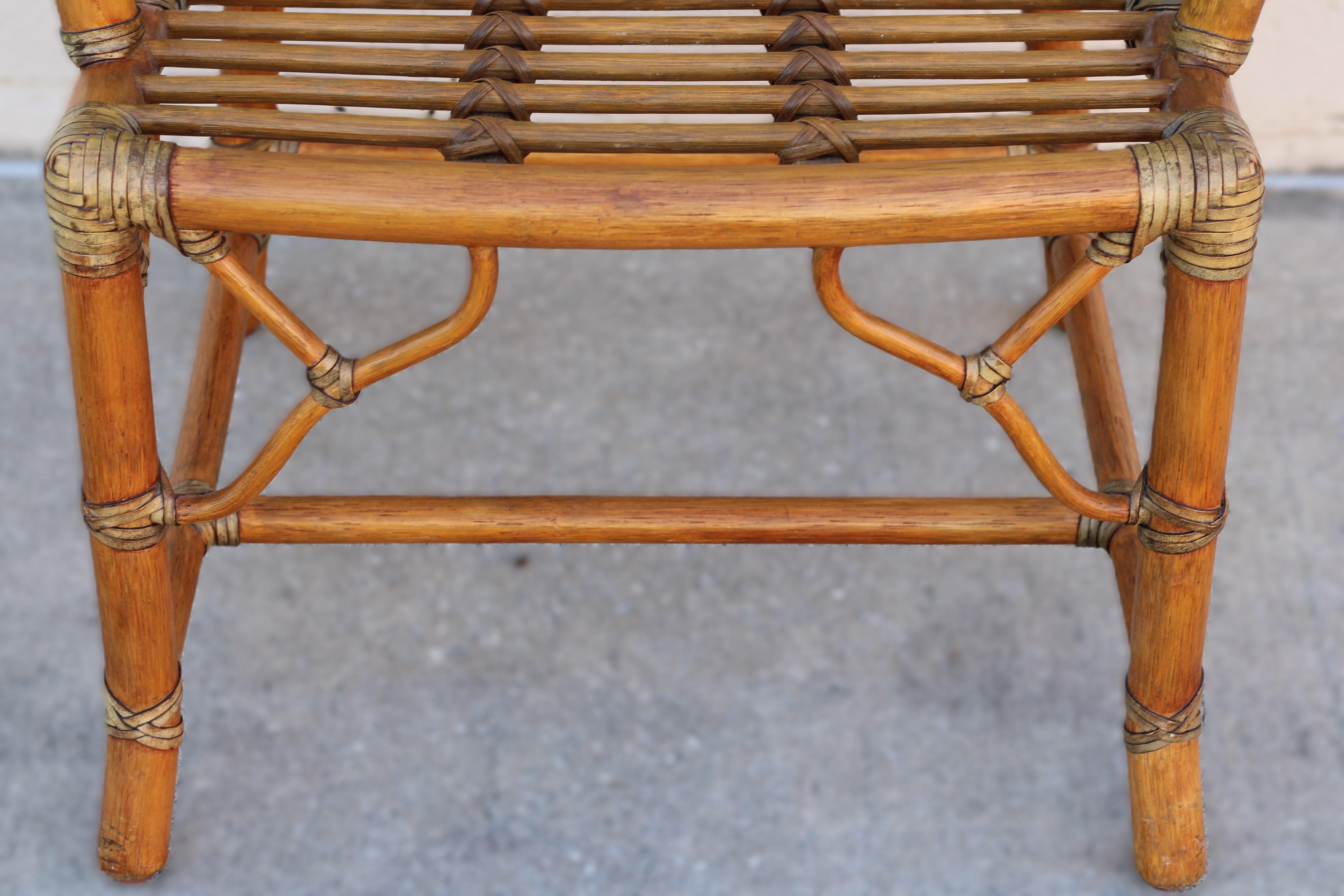 Pair of Rattan Cracked Ice Style Arm Chairs with Rolling Ottoman For Sale 4