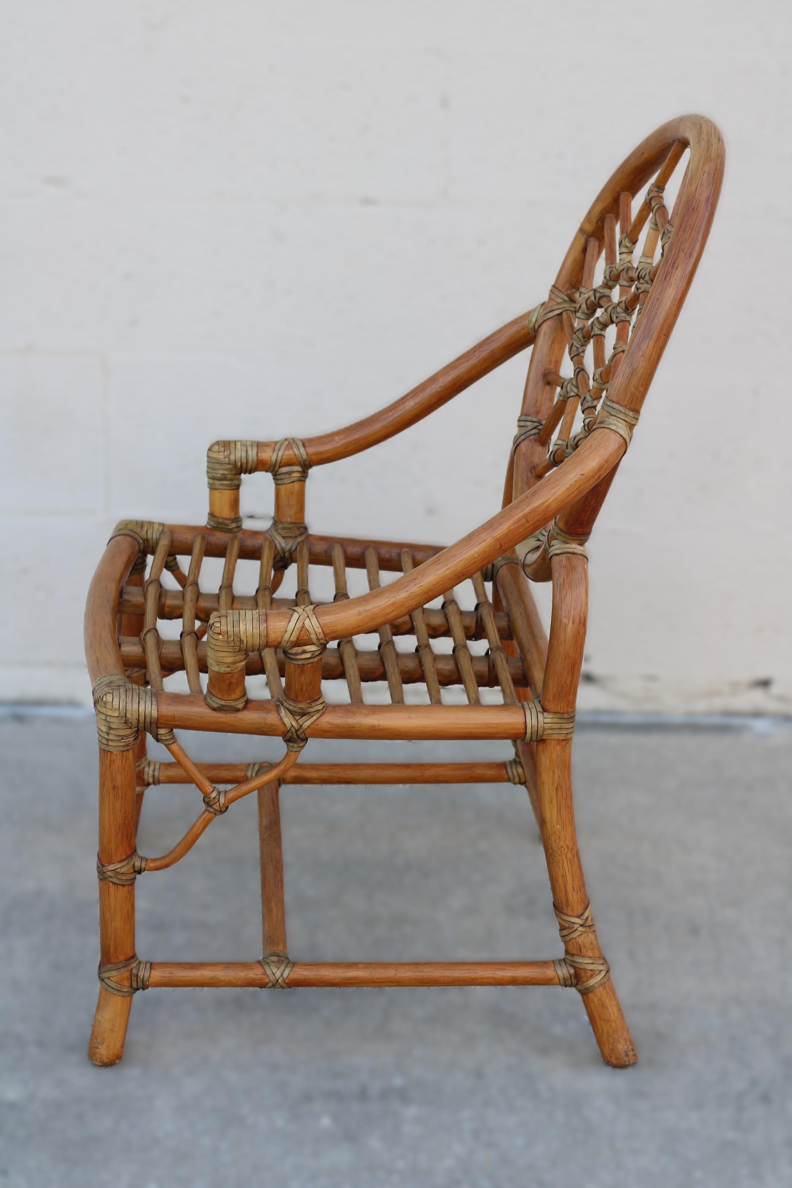 Pair of Rattan Cracked Ice Style Arm Chairs with Rolling Ottoman For Sale 5