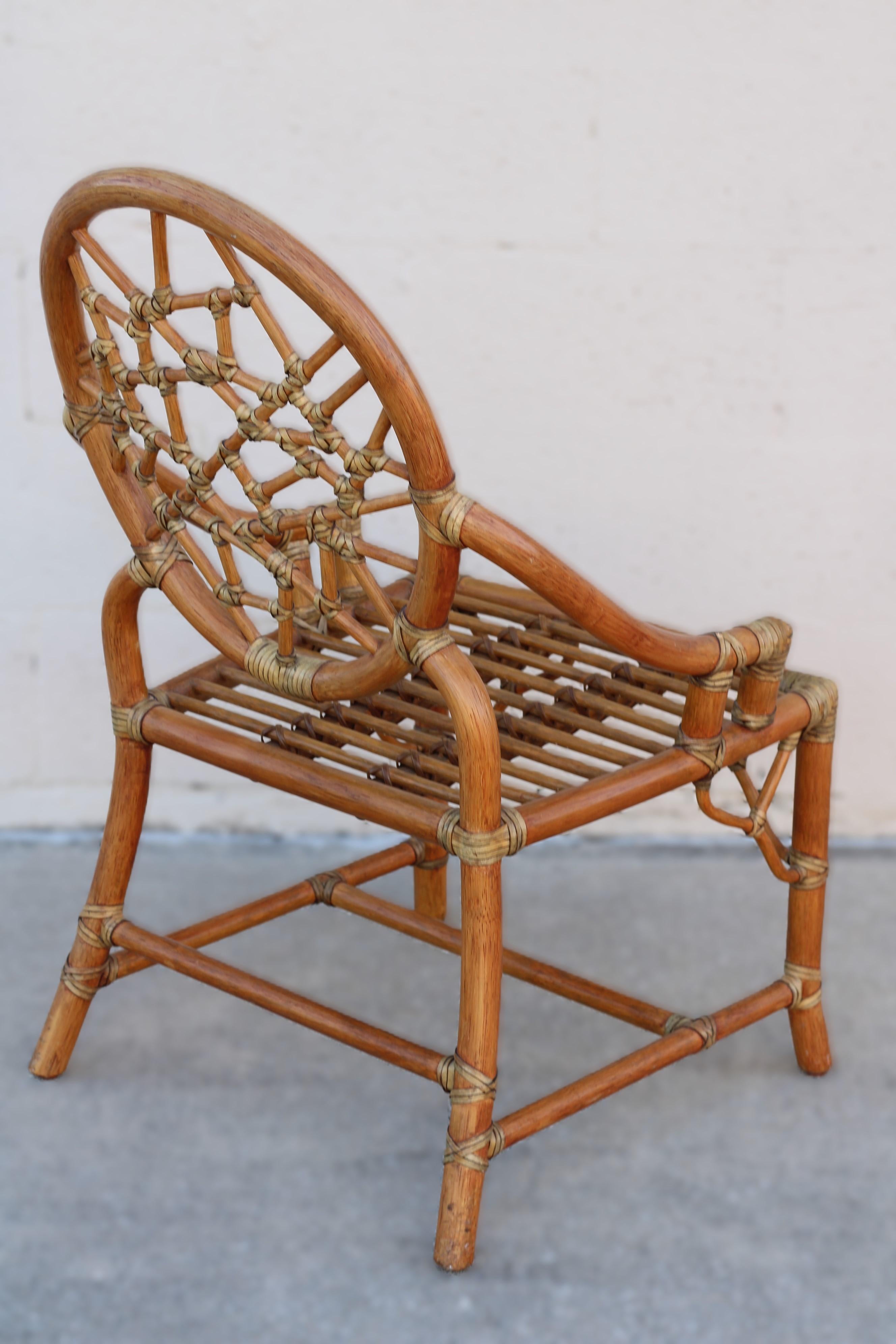 Pair of Rattan Cracked Ice Style Arm Chairs with Rolling Ottoman For Sale 7