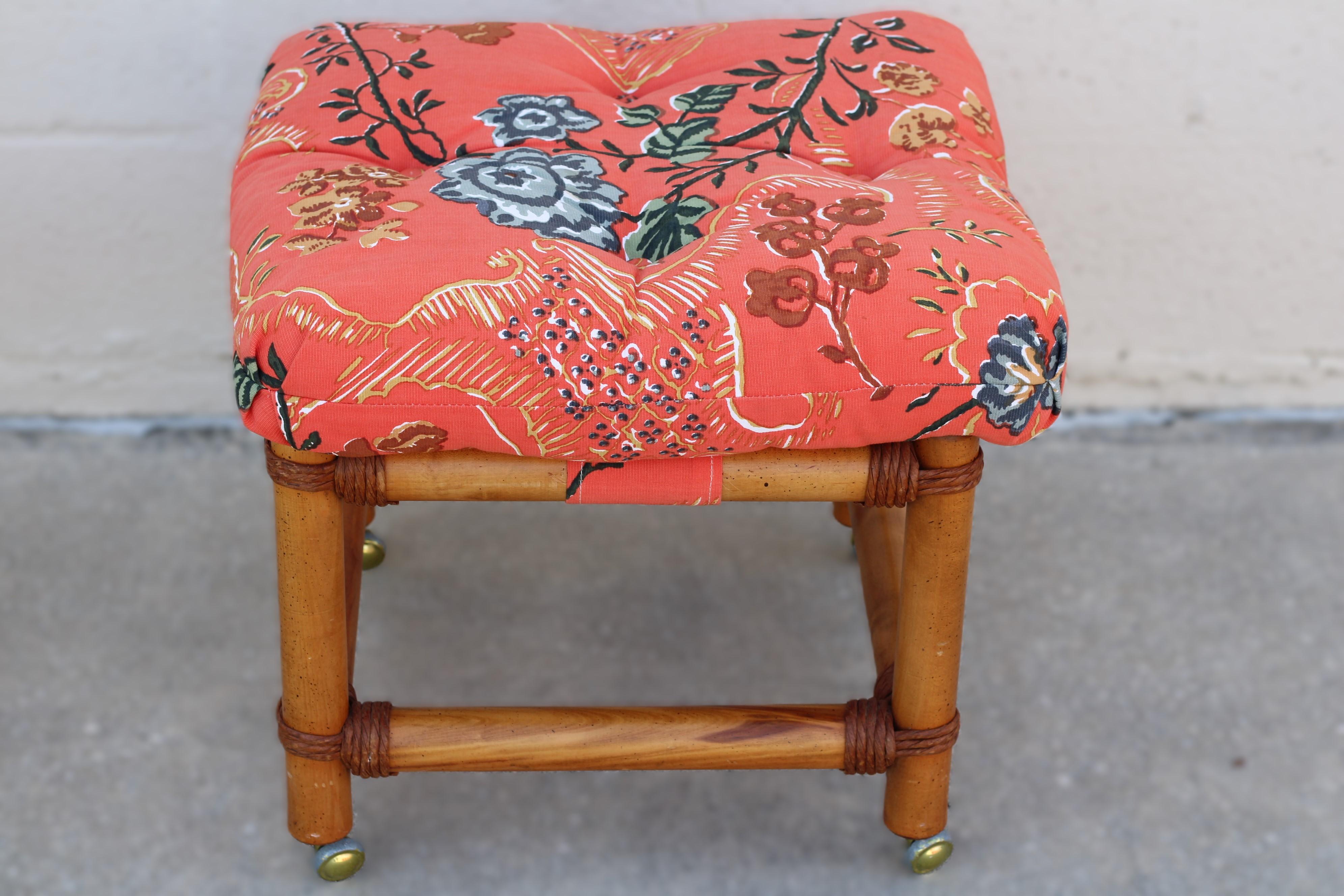 Pair of Rattan Cracked Ice Style Arm Chairs with Rolling Ottoman For Sale 10