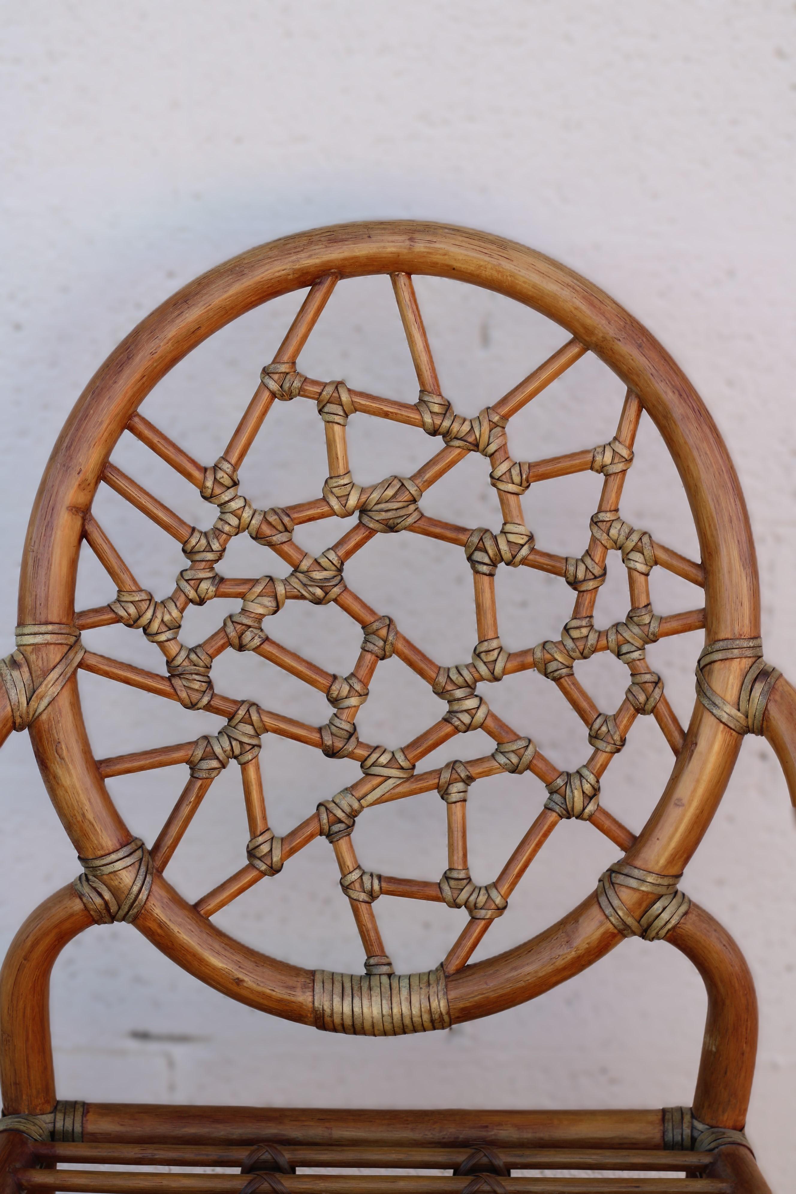 Pair of Rattan Cracked Ice Style Arm Chairs with Rolling Ottoman For Sale 11