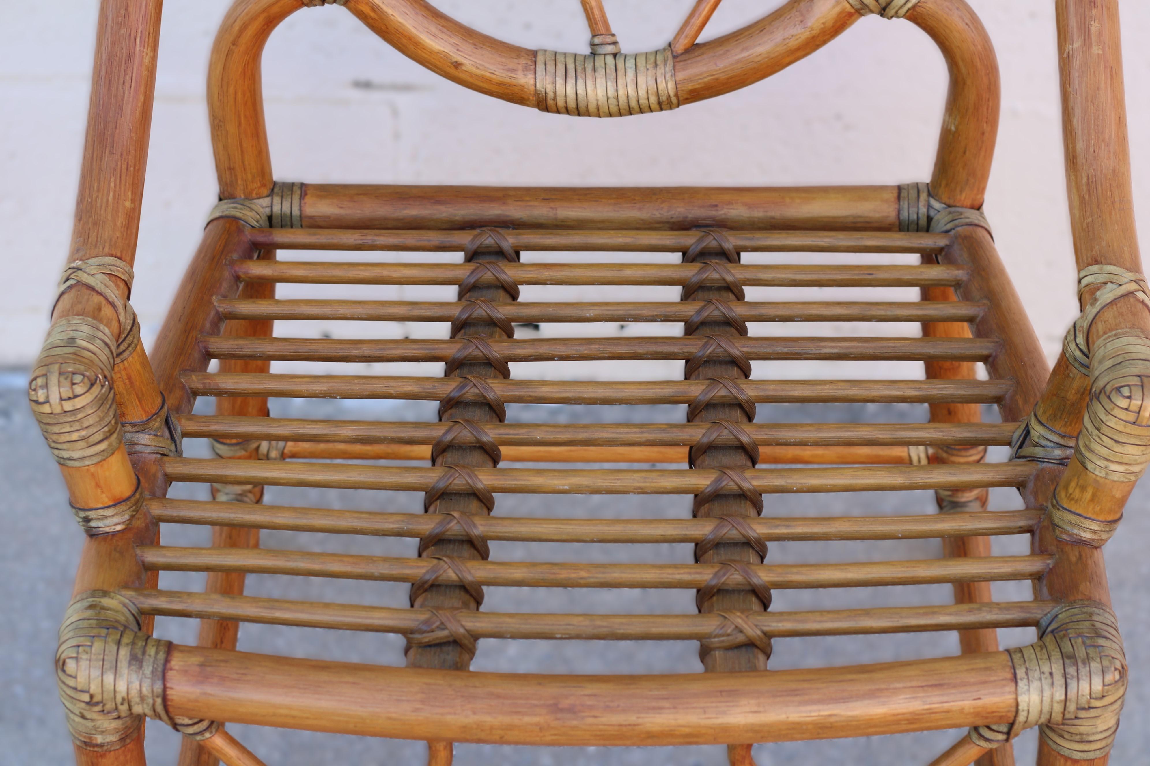 Pair of Rattan Cracked Ice Style Arm Chairs with Rolling Ottoman For Sale 12