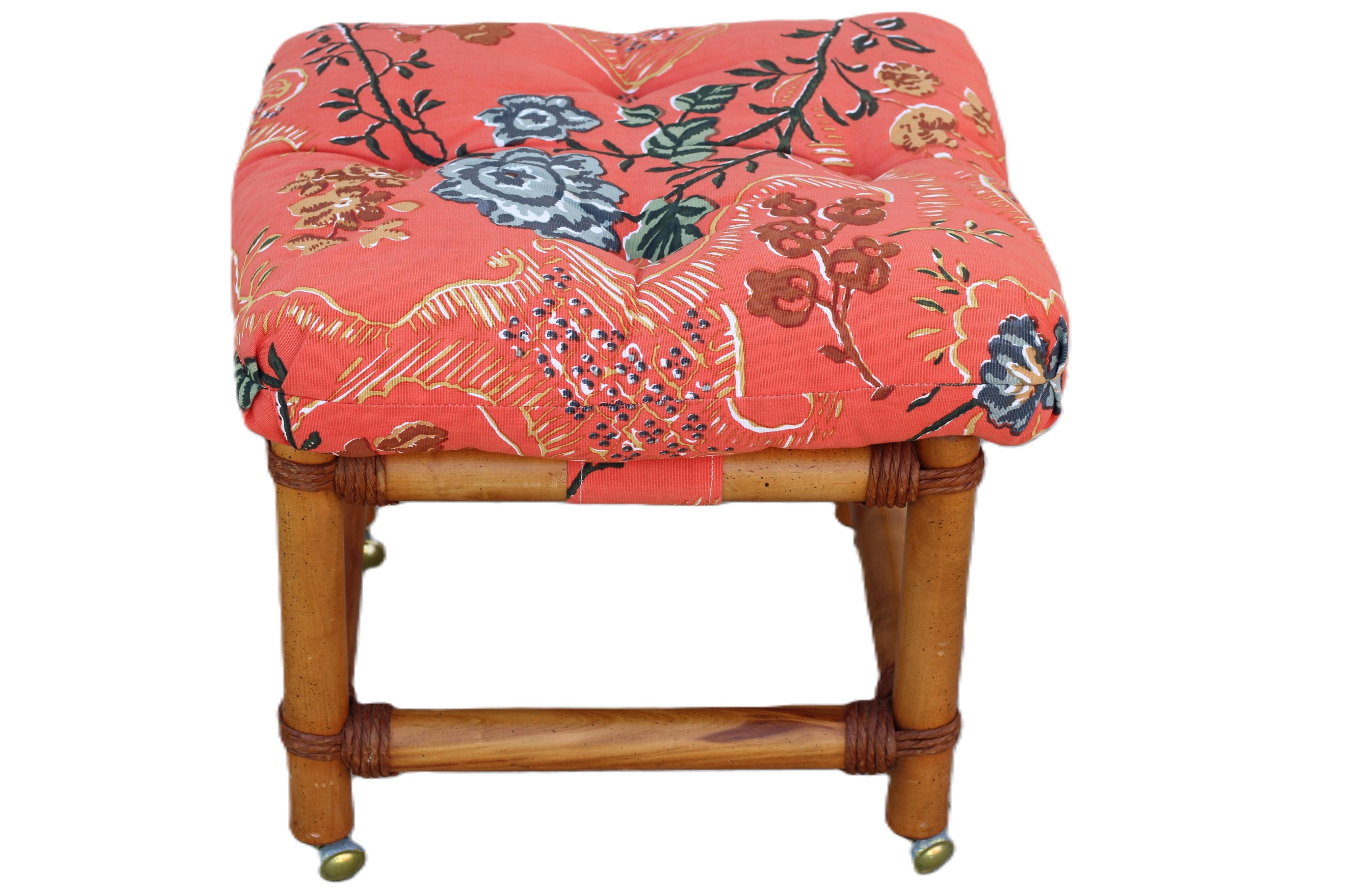 Organic Modern Pair of Rattan Cracked Ice Style Arm Chairs with Rolling Ottoman For Sale