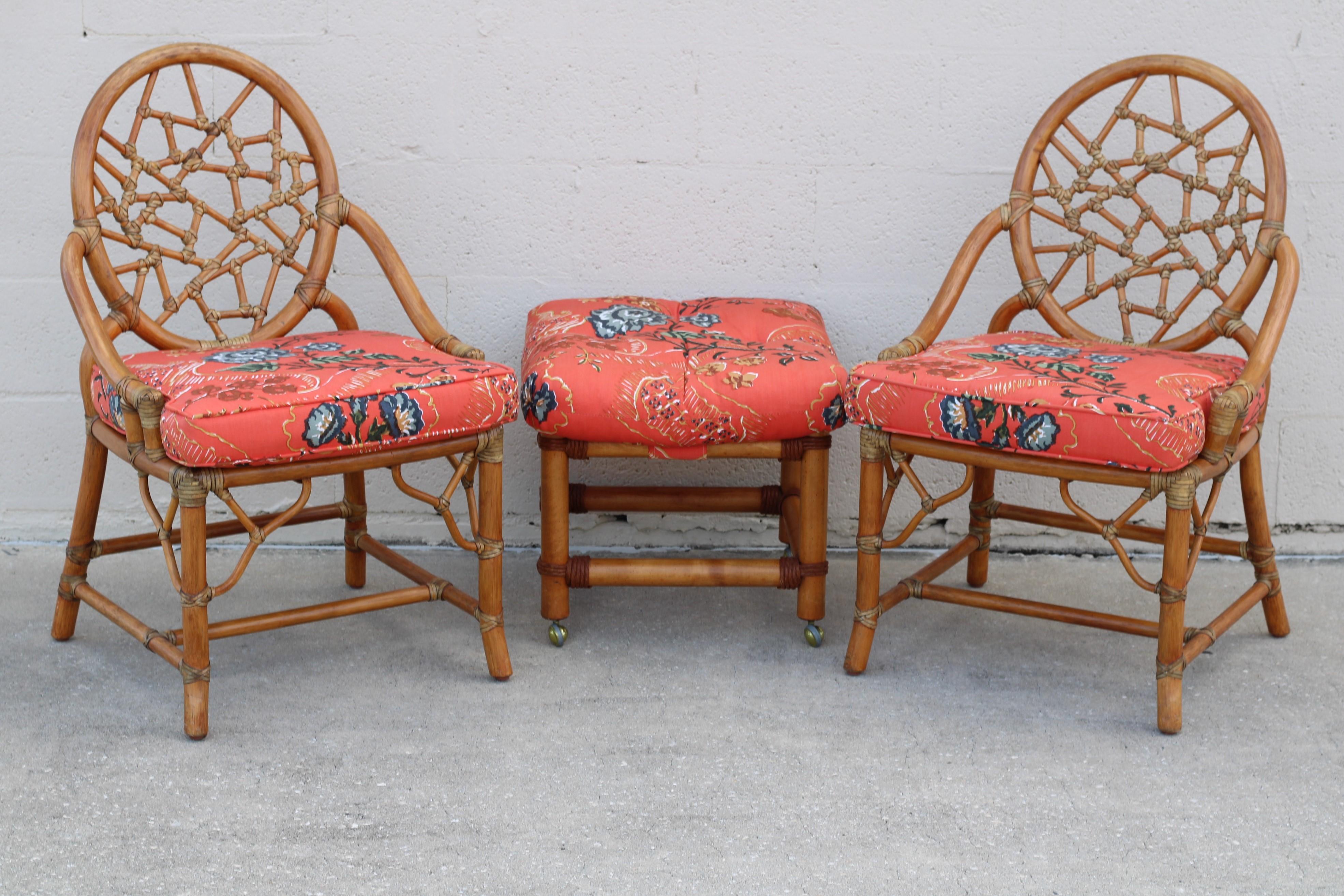 American Pair of Rattan Cracked Ice Style Arm Chairs with Rolling Ottoman For Sale